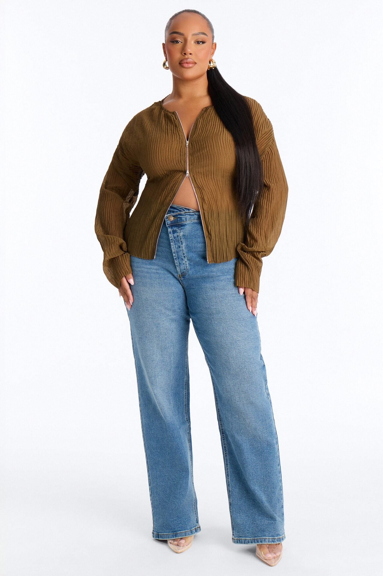 Kasey Front Zip Plisse Top - Olive image 1