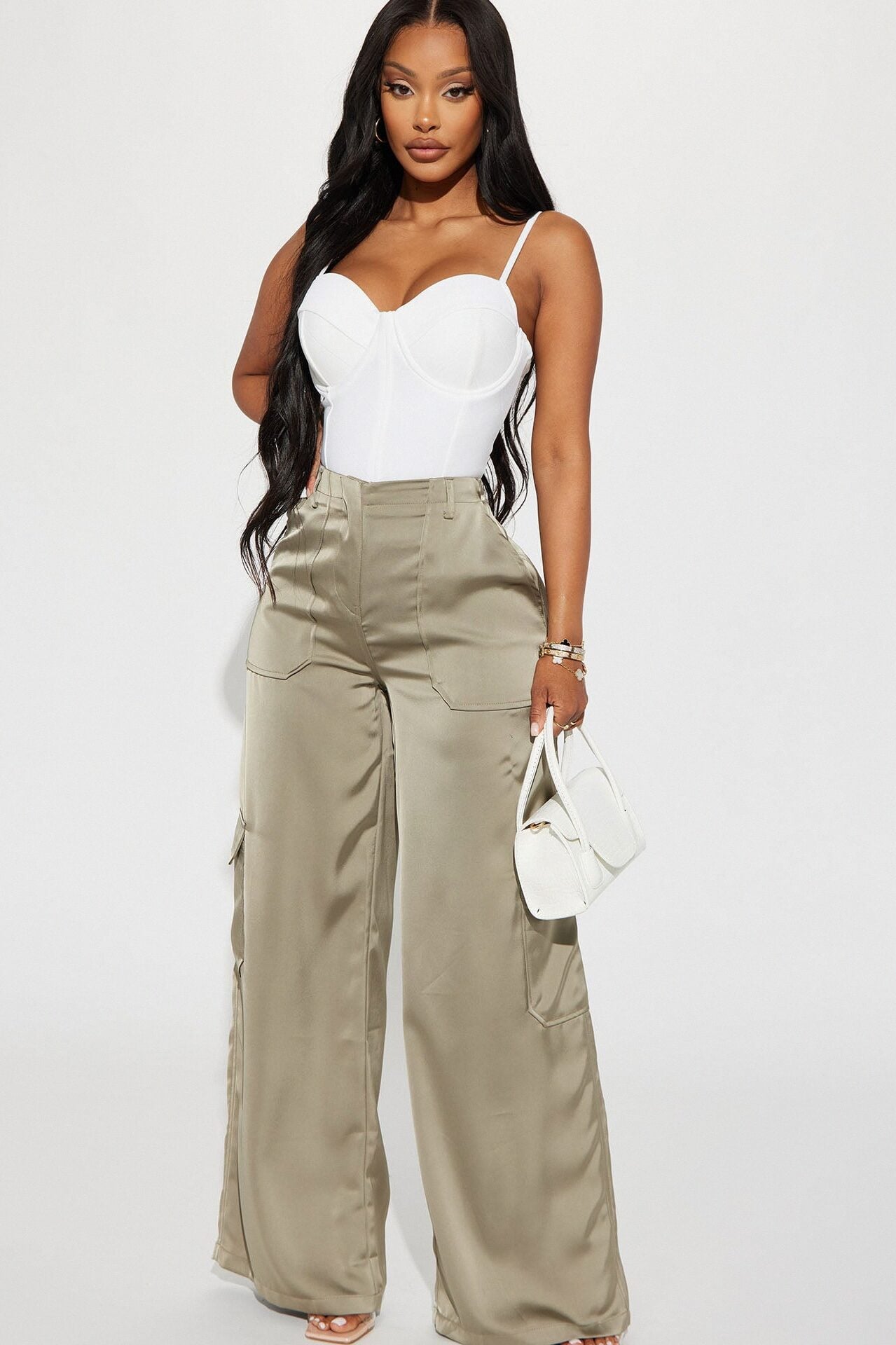 Pretty Girl Satin Cargo Pant - Olive image 4