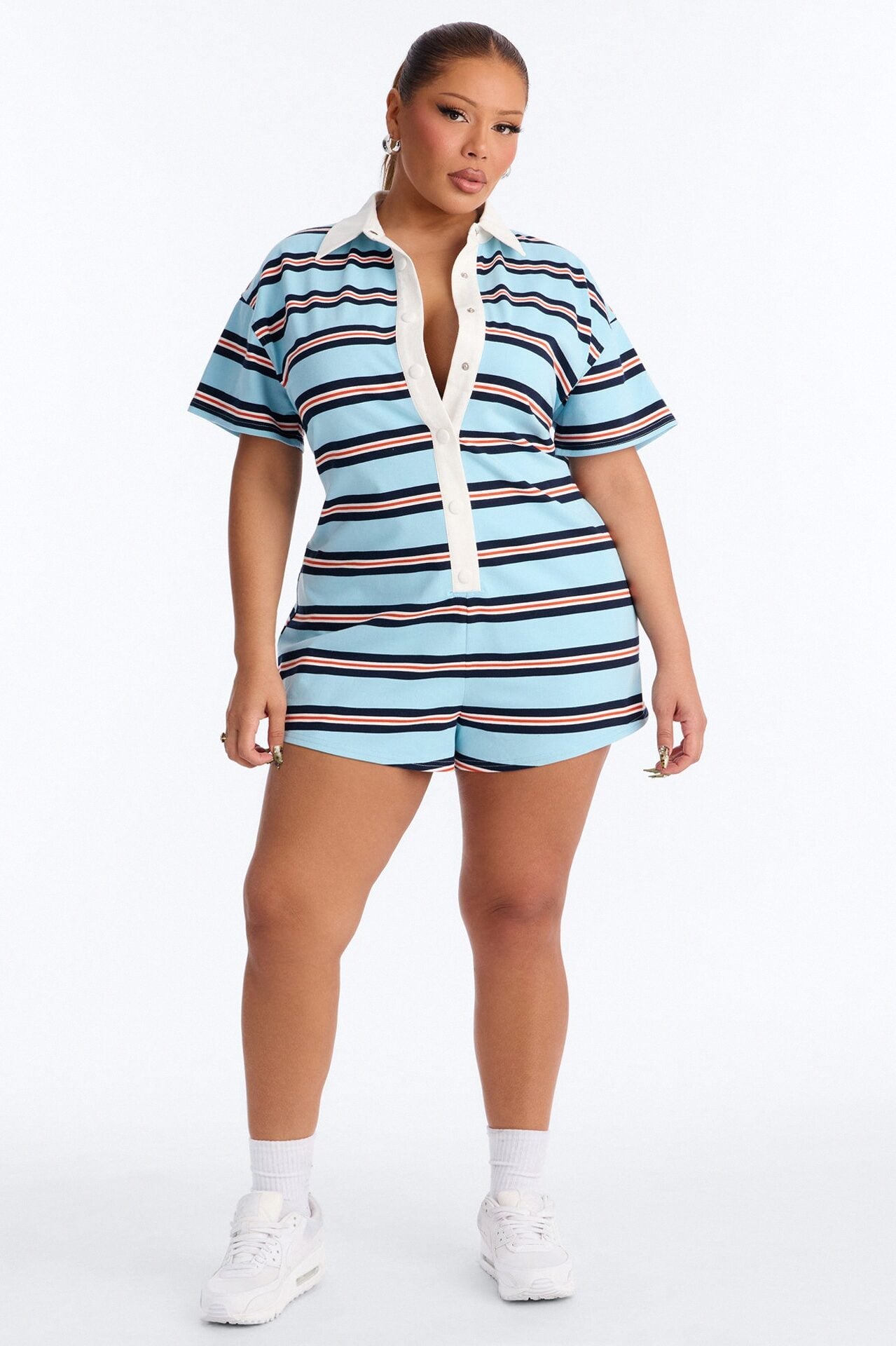 Kyla Short Sleeve Striped Polo Romper - Blue image 1