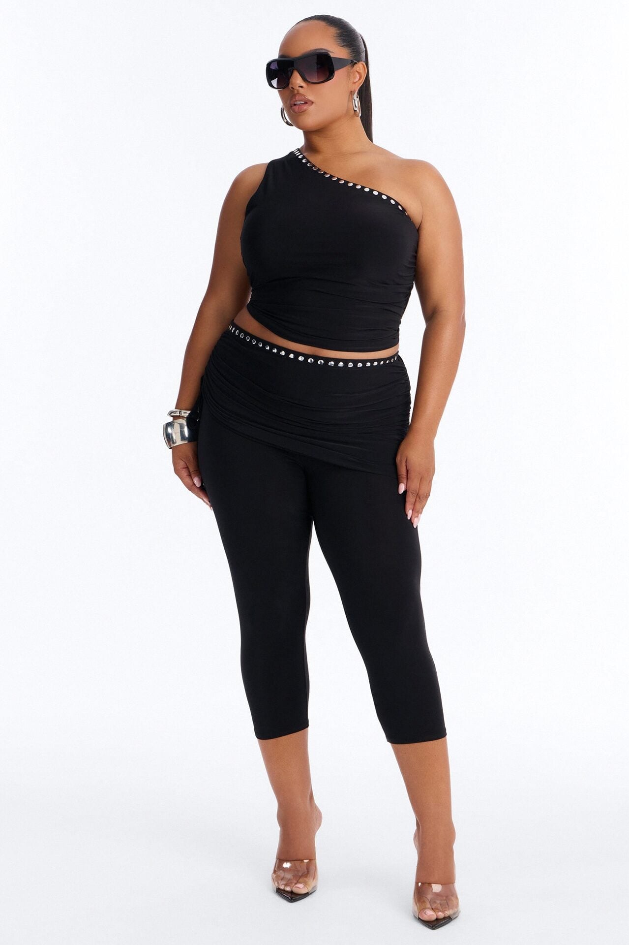 Jade One Shoulder Studded Capri Set - Black image 1