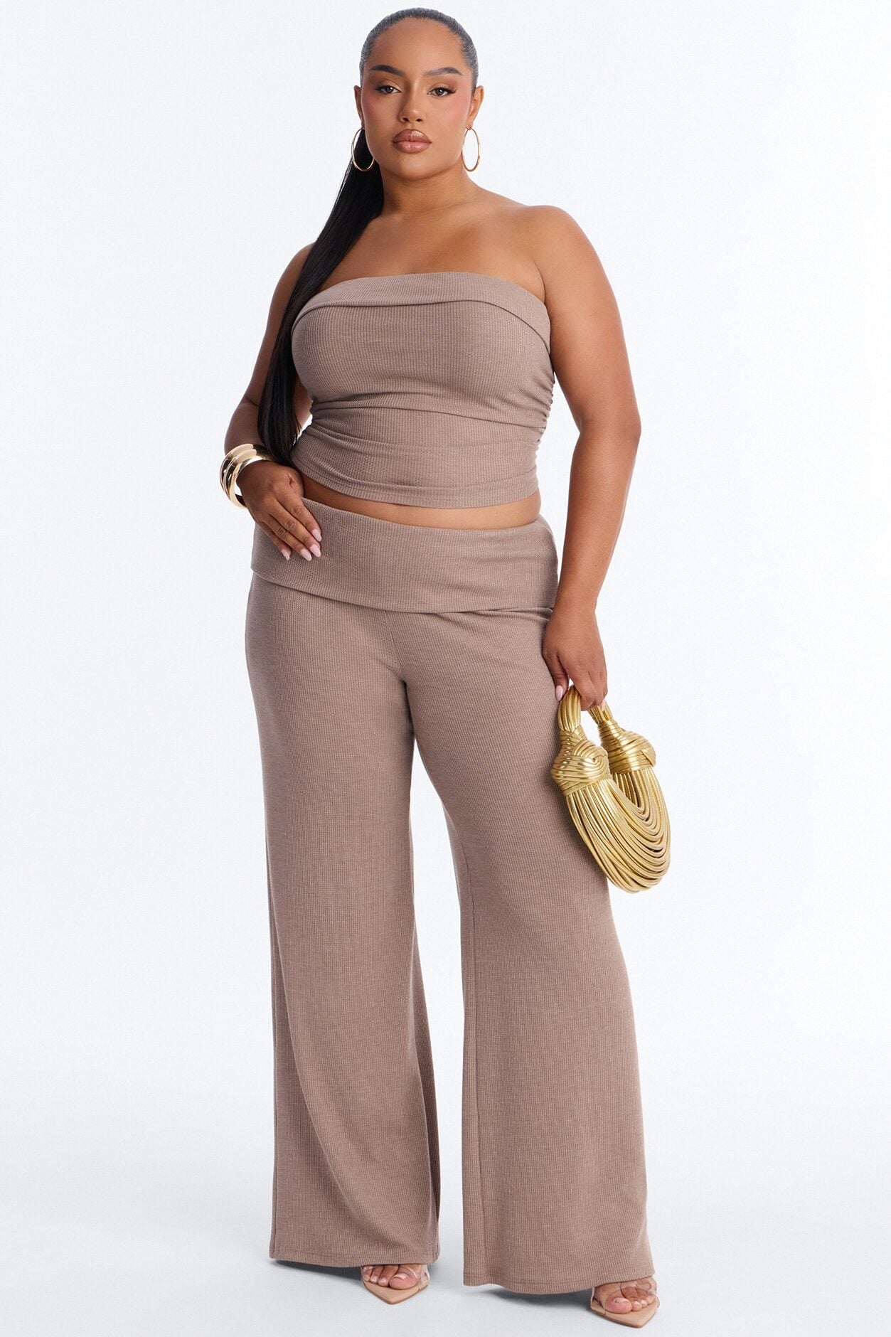 Megan Waffle Knit Foldover Waist Pant Set - Mocha image 1