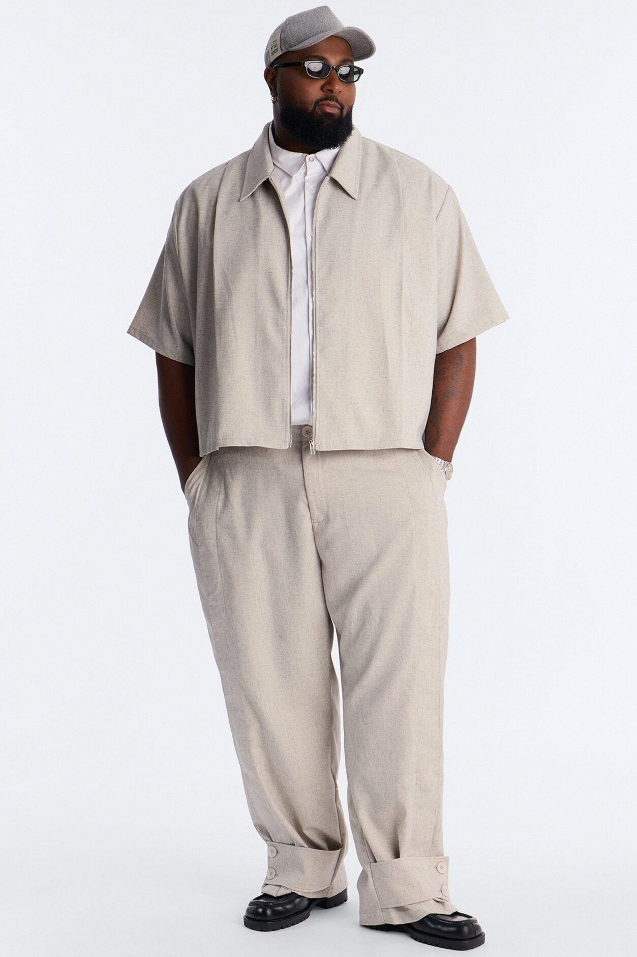 Maison Tailored Boxy Cropped Zip Up Shirt - Khaki image 1