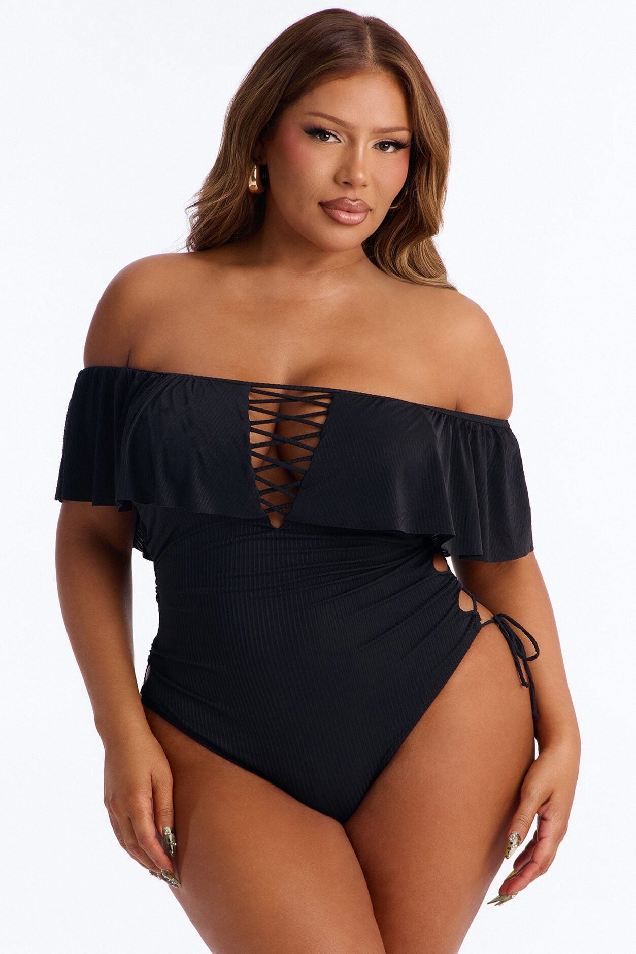 Take One Shoulder Ruffle Sleeve Lace Down Ribbed 1 Piece Swimsuit - Black image 1