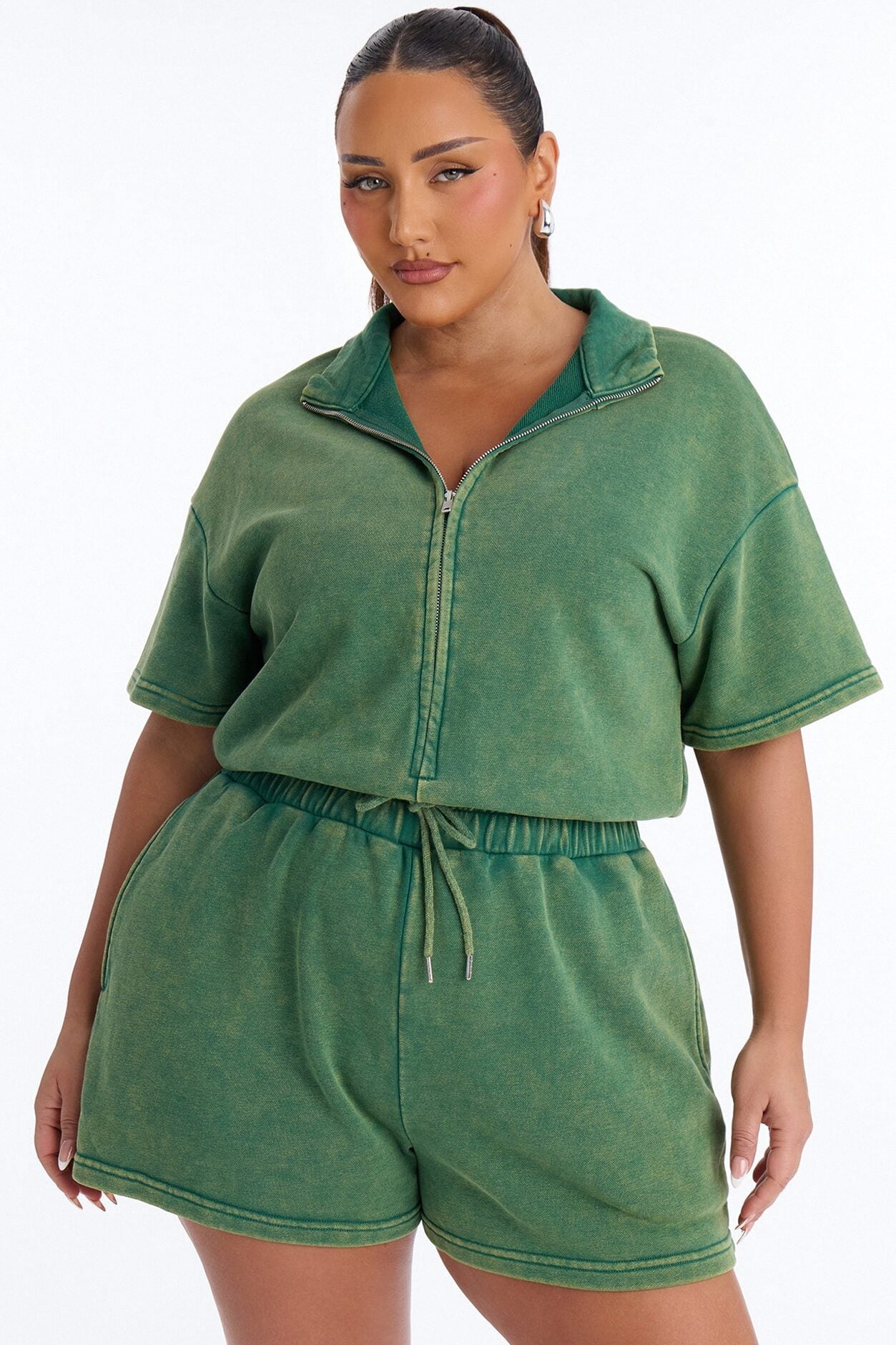 Busy Schedule Washed French Terry Romper - Green image 6