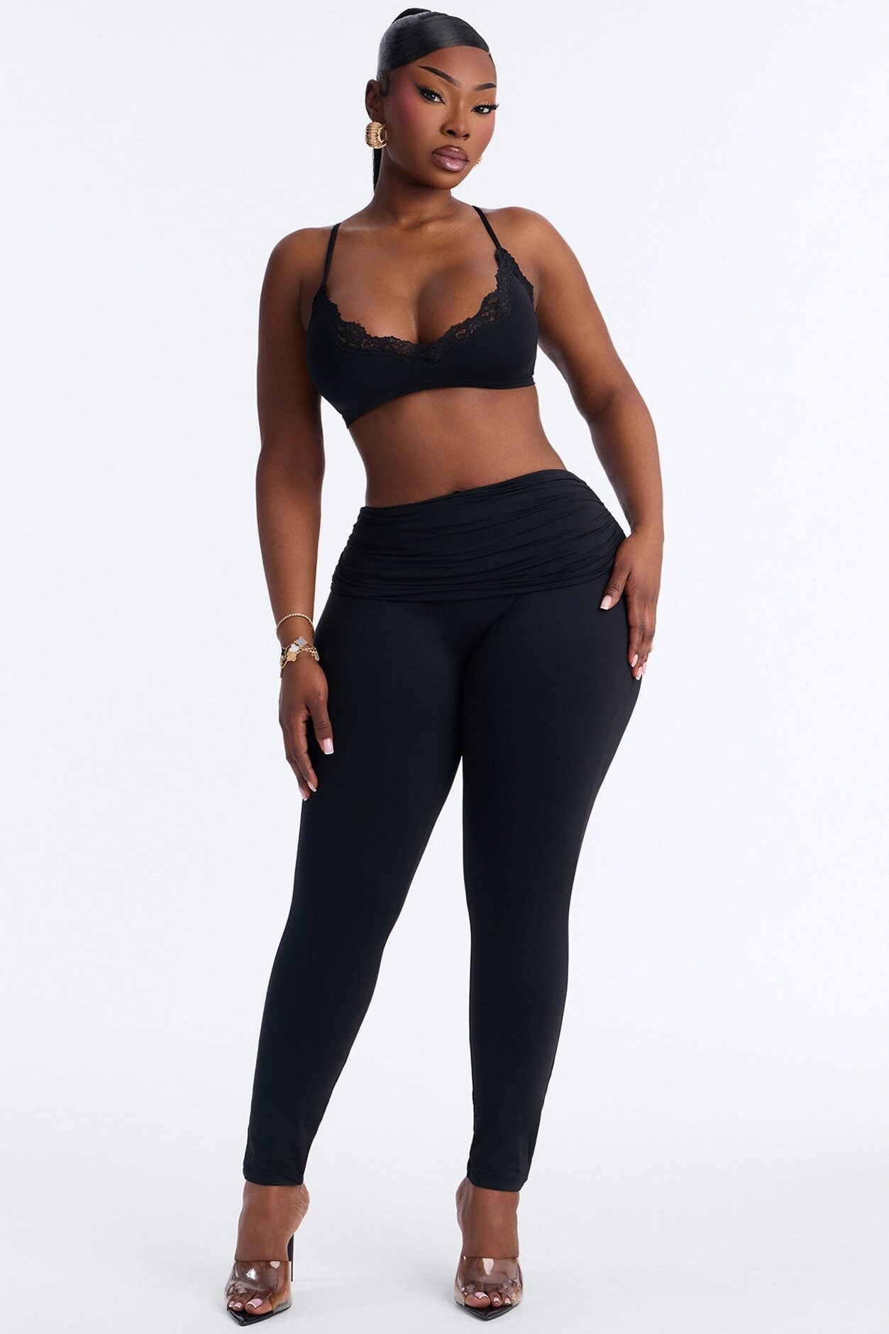 Second Skin Double Lined Ruched Foldover Leggings - Black image 1