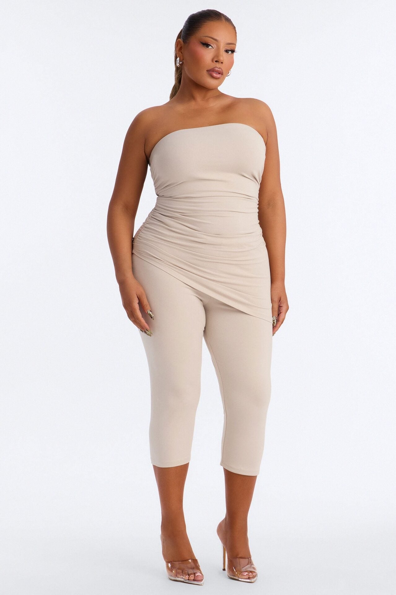 Quinn Asymmetrical Ruched Tube Top - Stone image 1