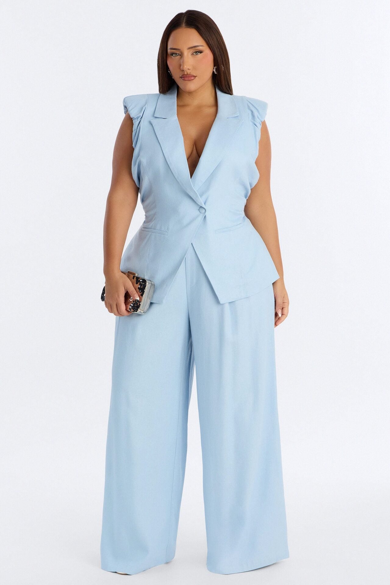 Nhulla Sleeveless Ruched Linen Blazer - Blue image 1