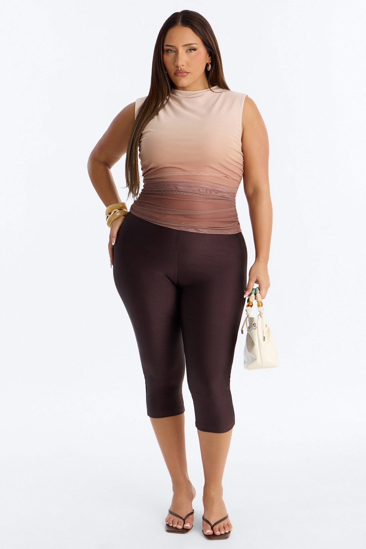 Tulum Sunset Mesh Mock Neck Ruched Sleeveless Top - Taupe/combo image 1
