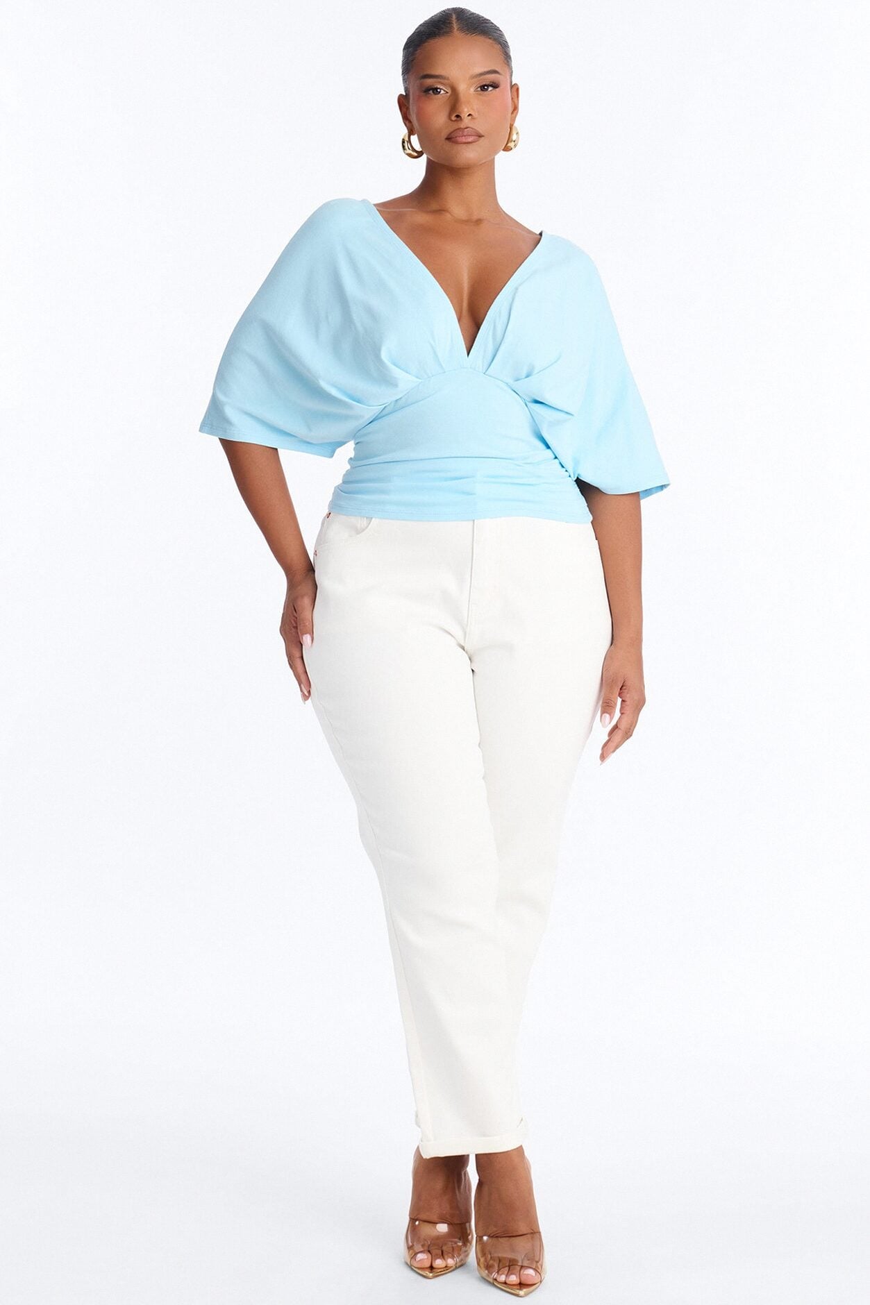 Taylor Cinched Waist Ruched Short Sleeve Top - Blue image 1