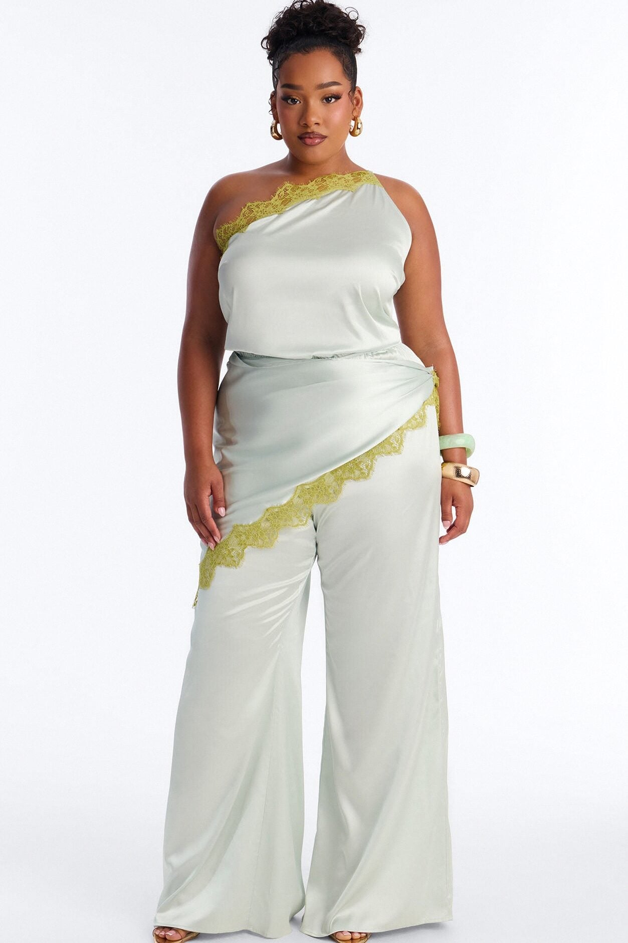 Valeria Satin Waist Scarf Wide Leg Jumpsuit - Mint image 1