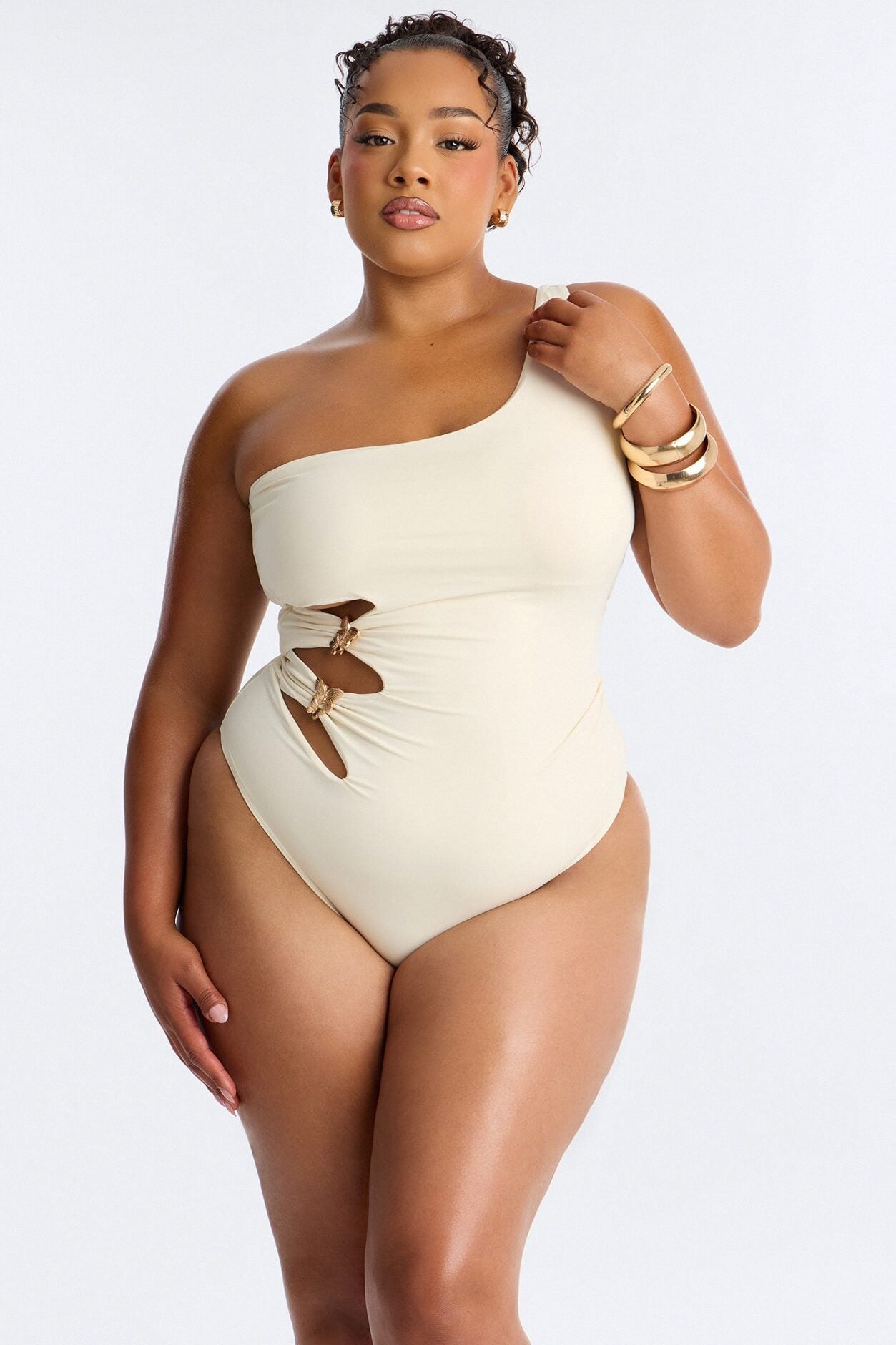 Sunset 1 Piece Butterfly Hardware One Shoulder Swimsuit - Ivory image 1