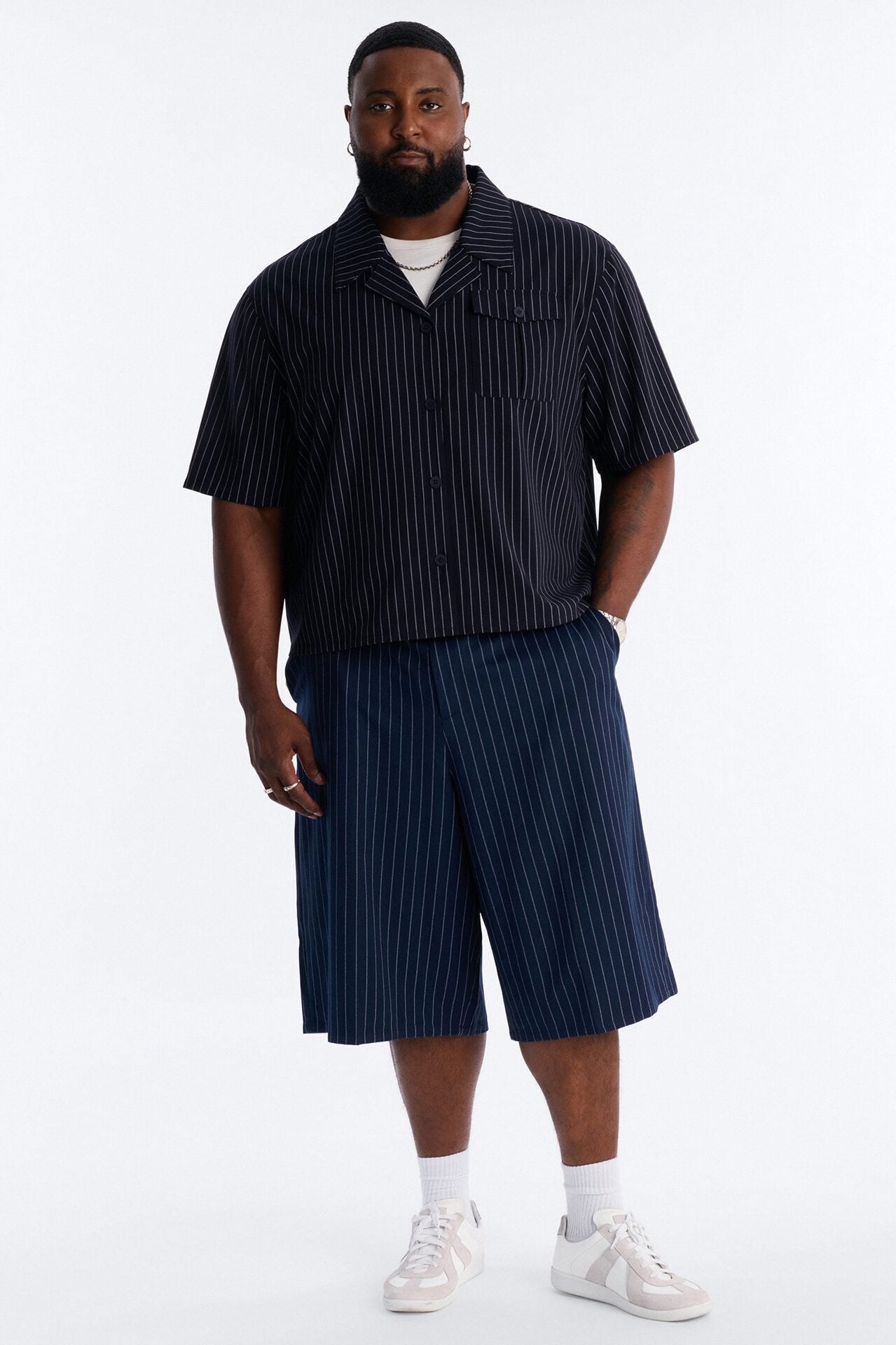 Baggy Striped Trouser Short - Navy image 1