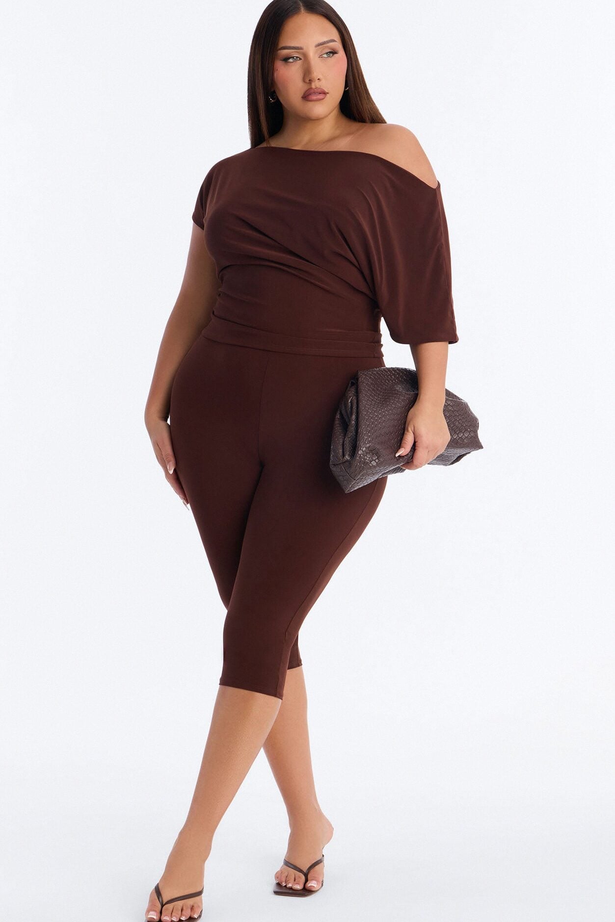 Cool Girl Casual Off Shoulder Capri Set - Brown image 1