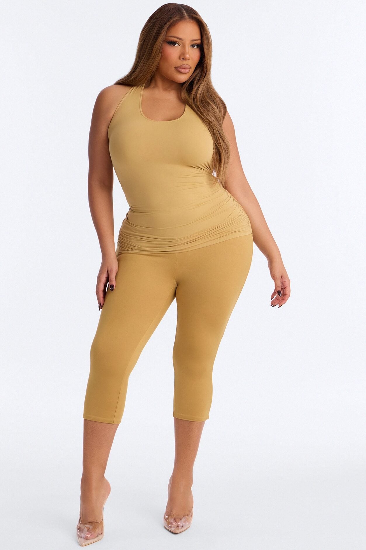 Second Skin Ruched Backless Halter Top - Honey image 1
