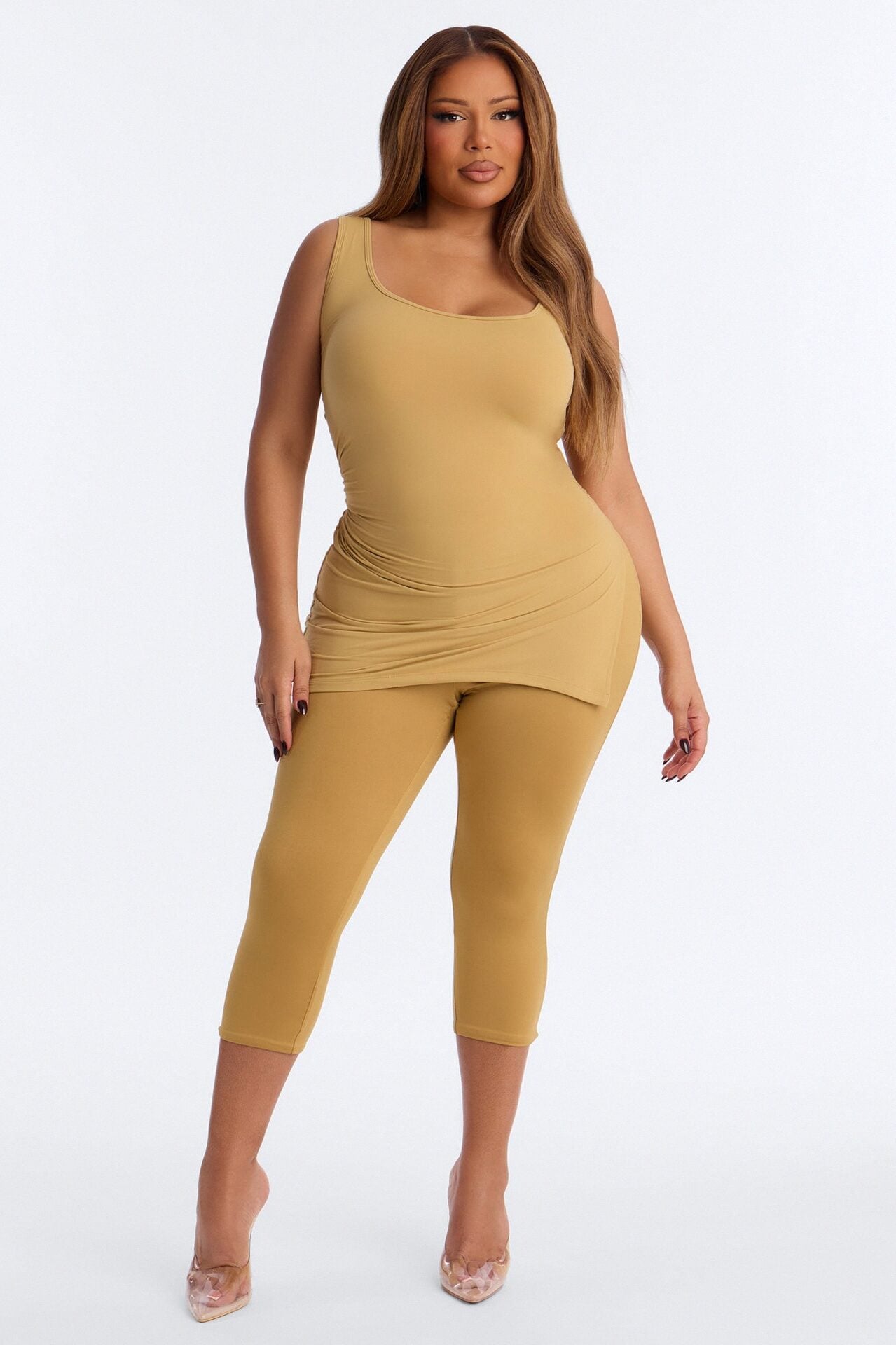Second Skin Double Line Asymmetrical Ruched Tank Top - Honey image 1