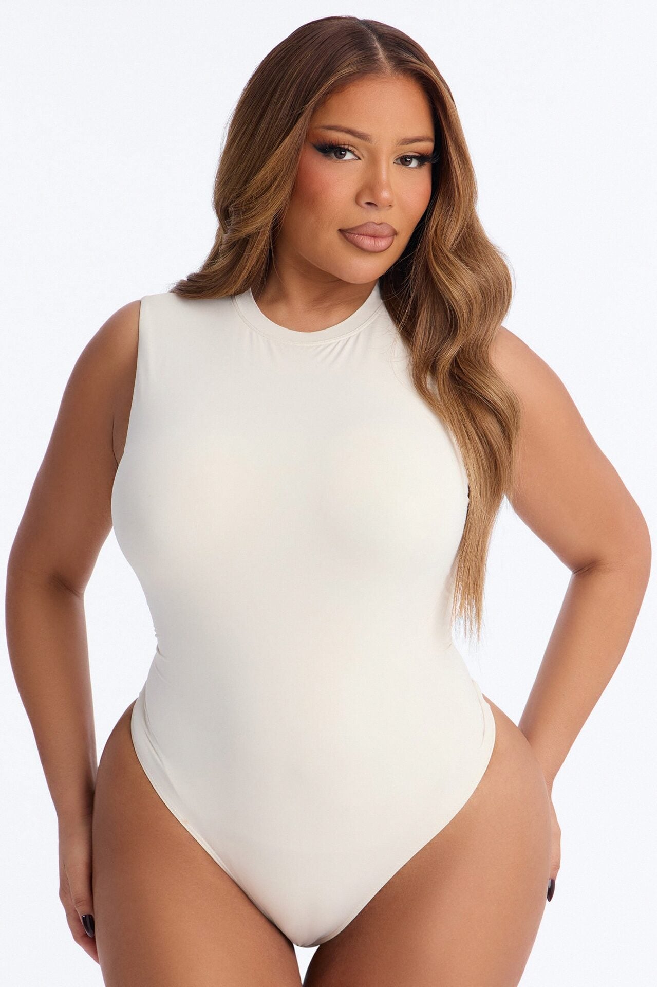 Second Skin Double Lined Mock Neck Sleeveless Bodysuit - Bone image 1