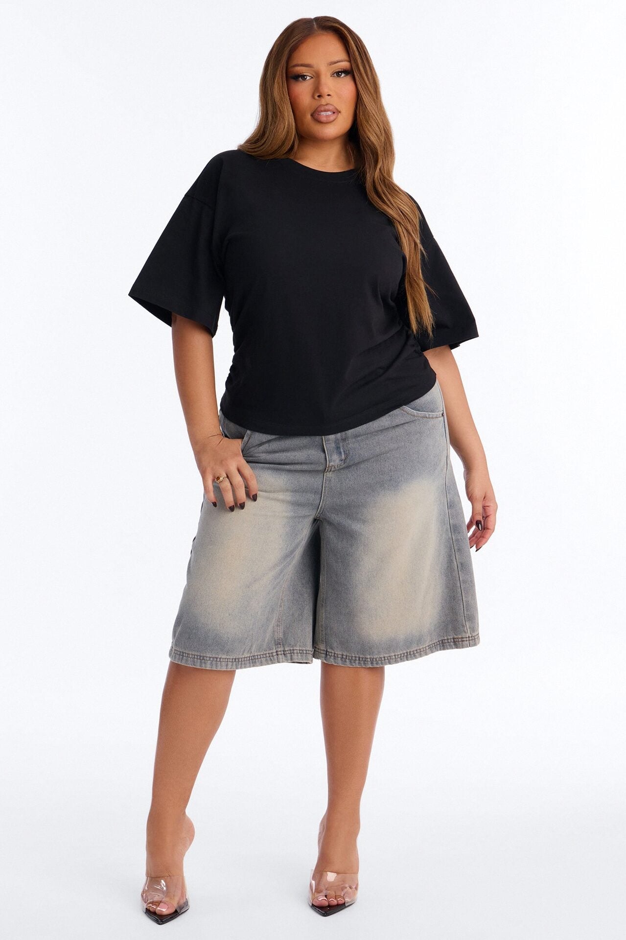 Nora Crew Neck Ruched Short Sleeve T-Shirt - Black image 1