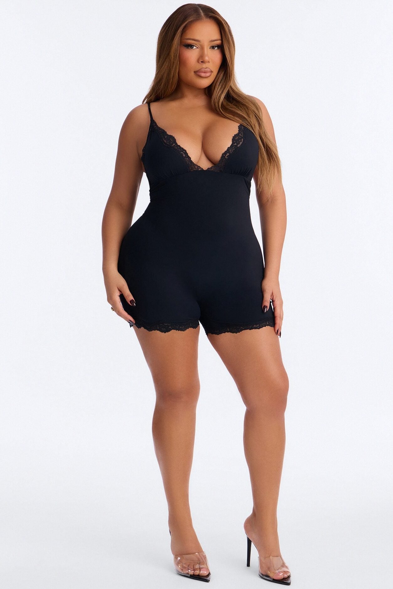 Second Skin Double Lined Lace Trim Tank Romper - Black image 1