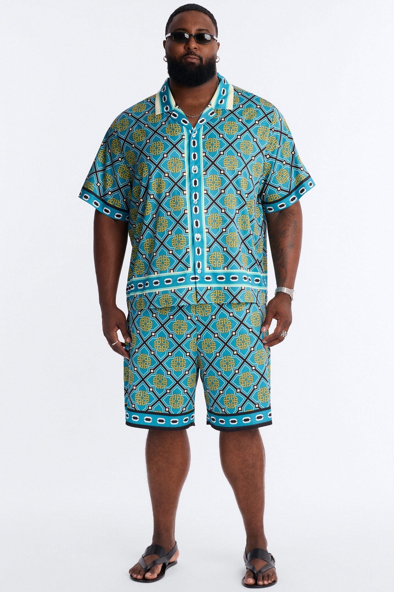 Royal Geometric Cuban Collar Button Up Shirt - Teal image 1