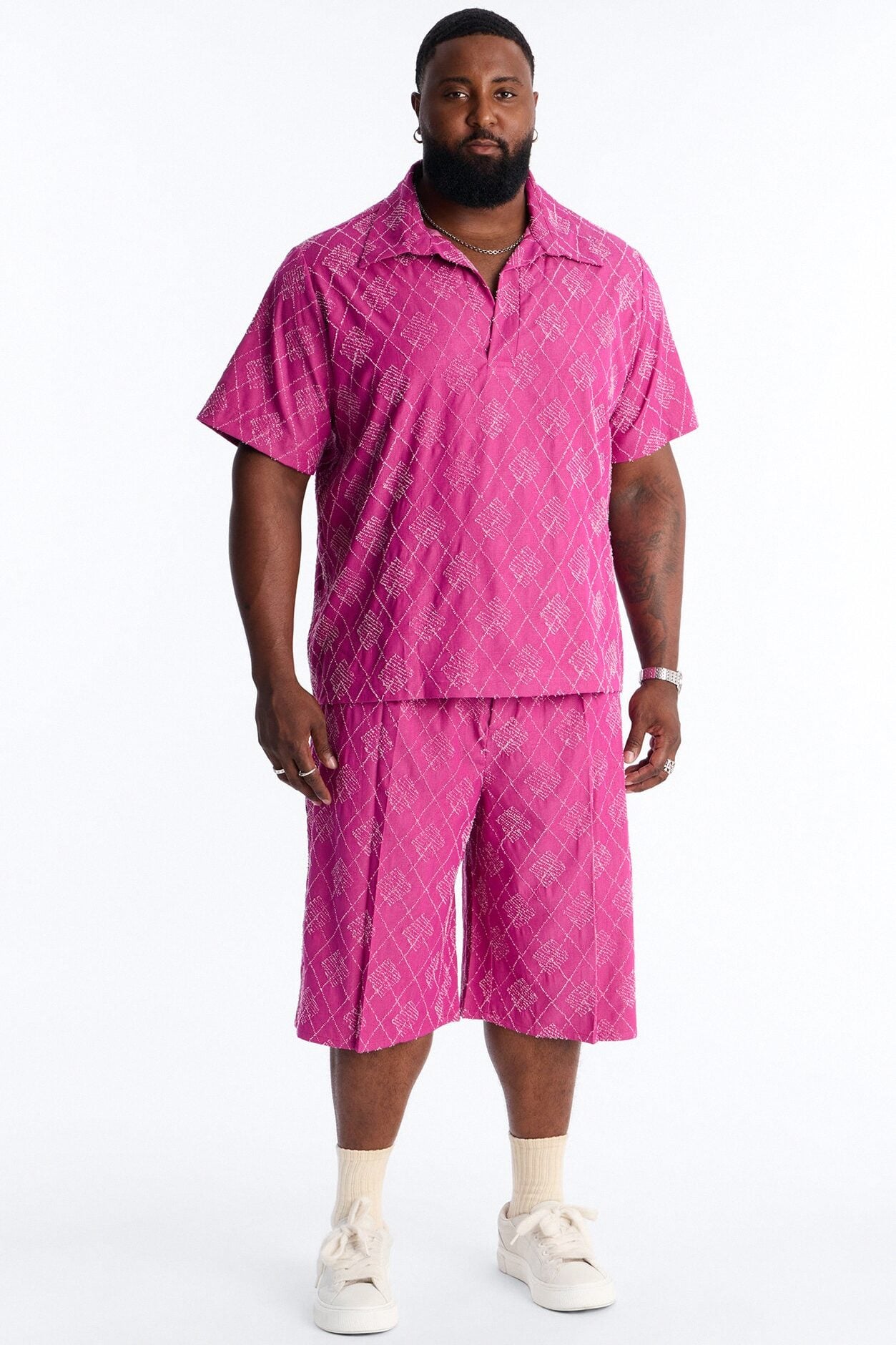 Baggy Diamond Frayed Jacquard Long Short - Magenta image 1