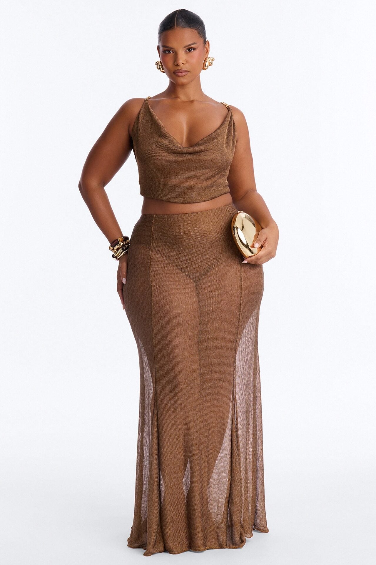 Vacation Goddess Metallic Knit Maxi Skirt - Bronze image 1