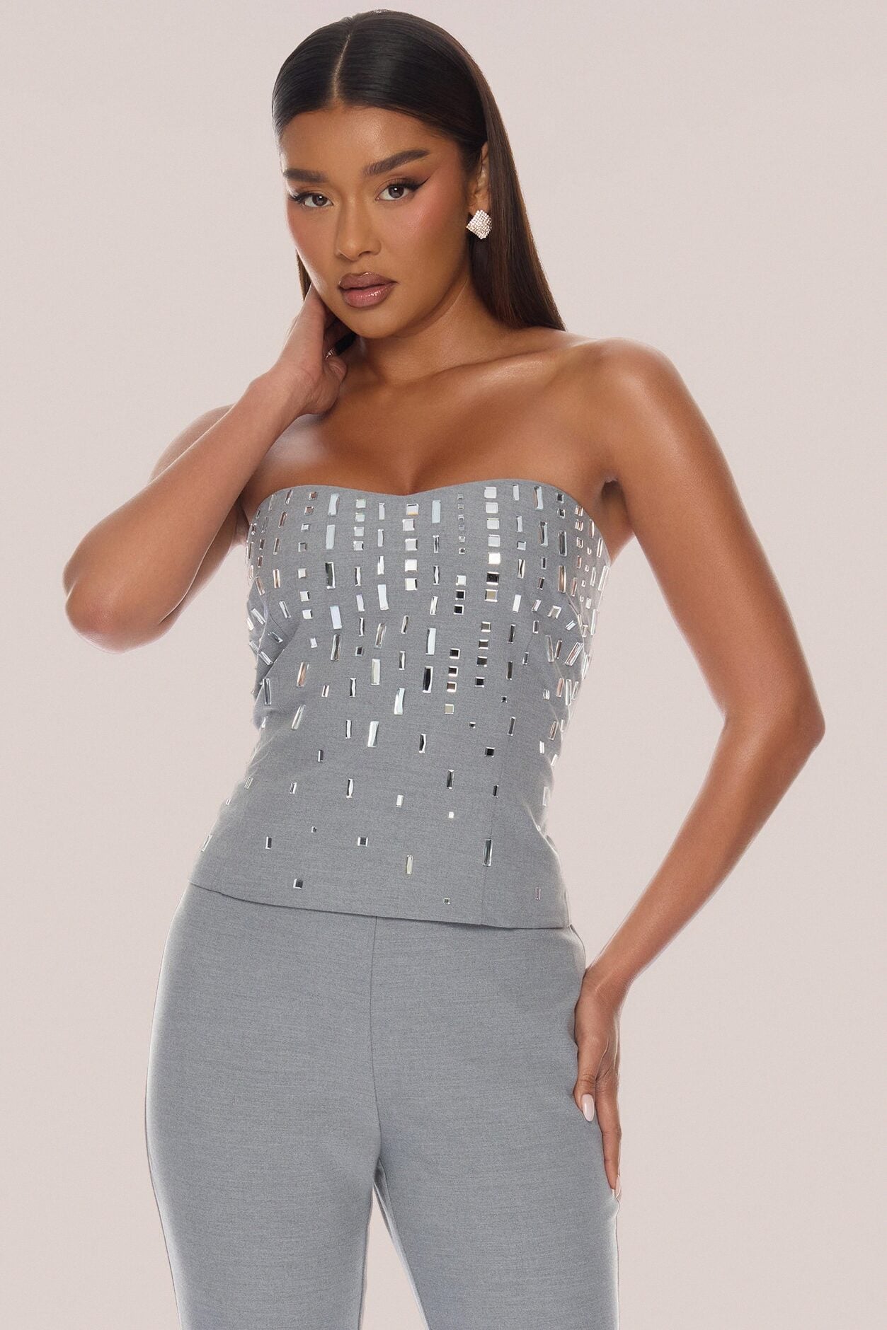 Standout Moment Rhinestone Pant Set - Grey image 2