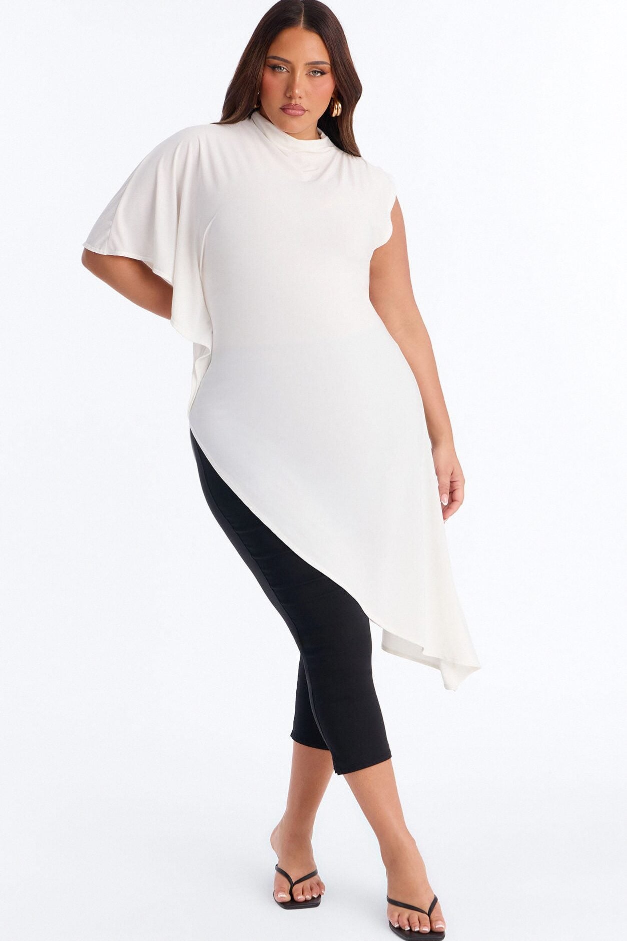 She's Divine Long Asymmetrical Short Sleeve Top - Cream image 1