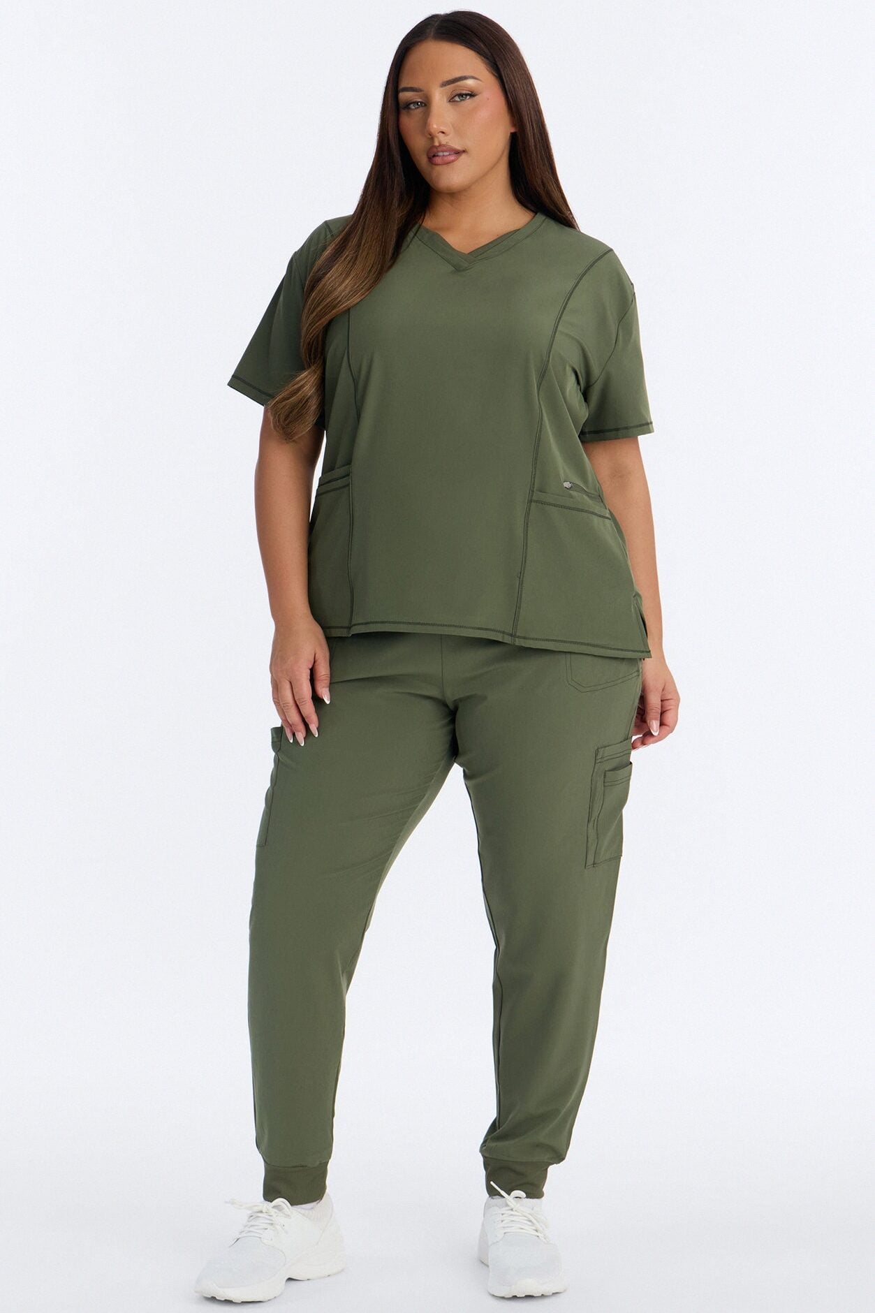 Clinical 4 Way Stretch Pocket Back Knit Jogger Scrub Set - Olive image 1