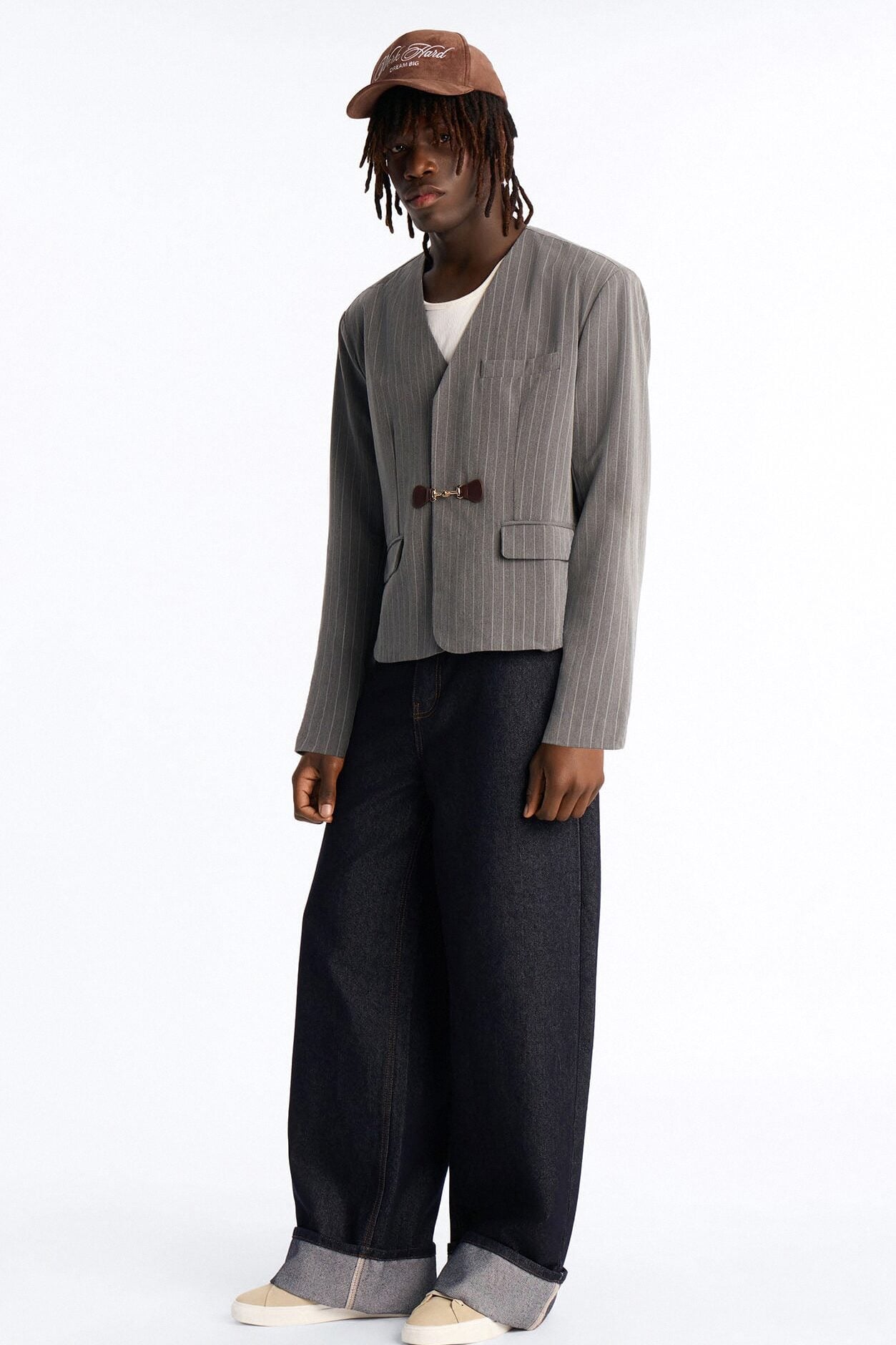 Boxy Cropped Pin Striped Cut Out Blazer - Light Grey image 2
