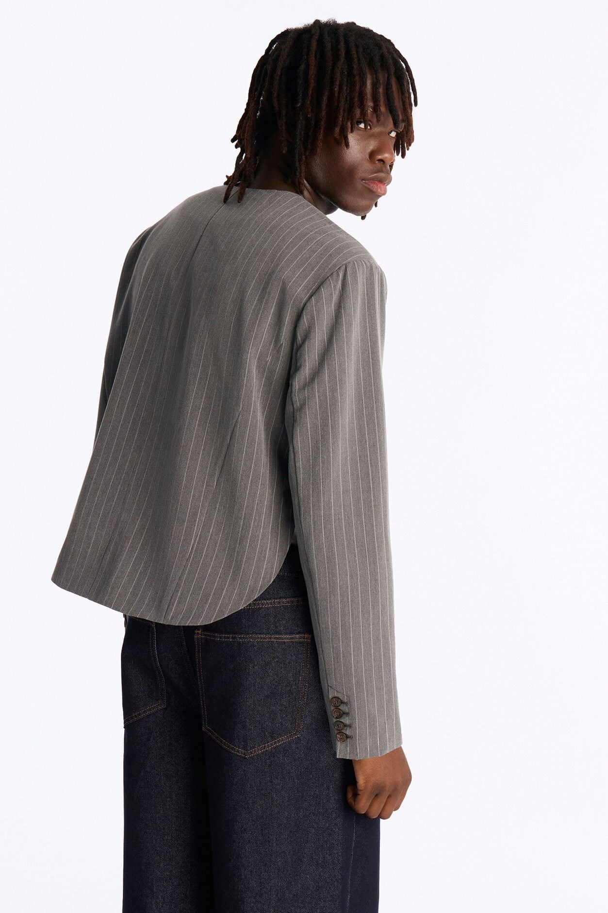 Boxy Cropped Pin Striped Cut Out Blazer - Light Grey image 4