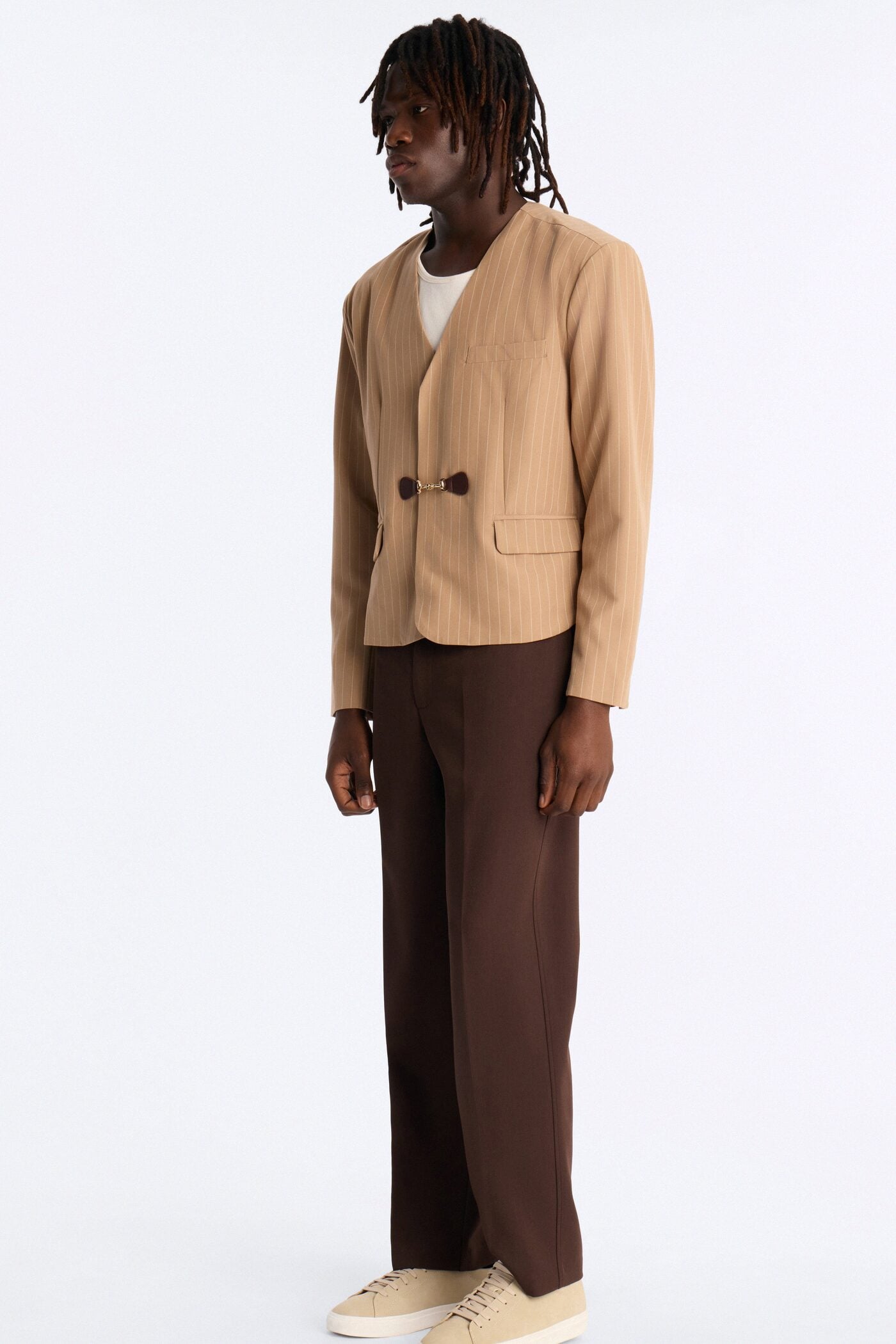 Boxy Cropped Pin Striped Cut Out Blazer - Tan image 2