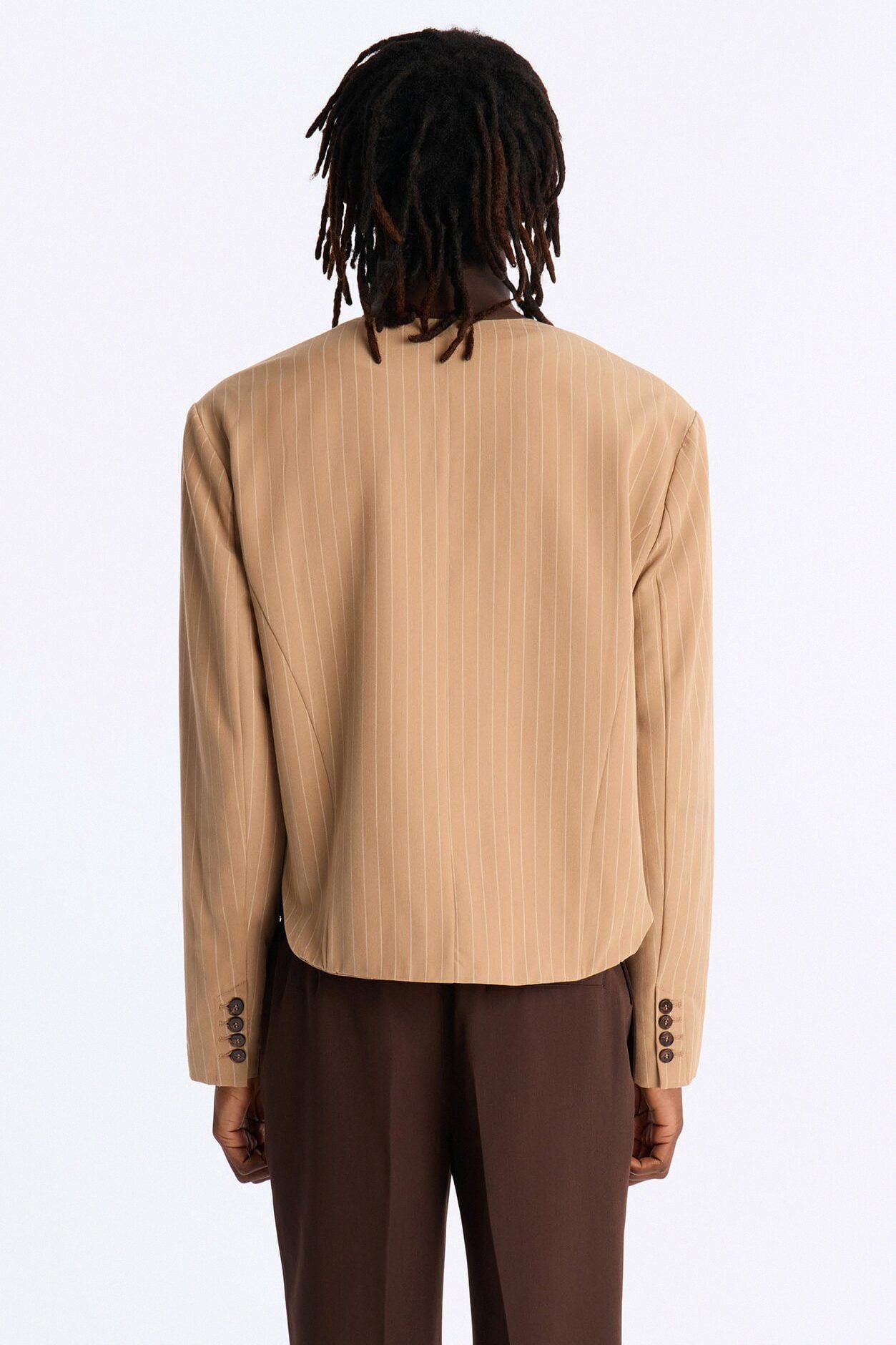 Boxy Cropped Pin Striped Cut Out Blazer - Tan image 4