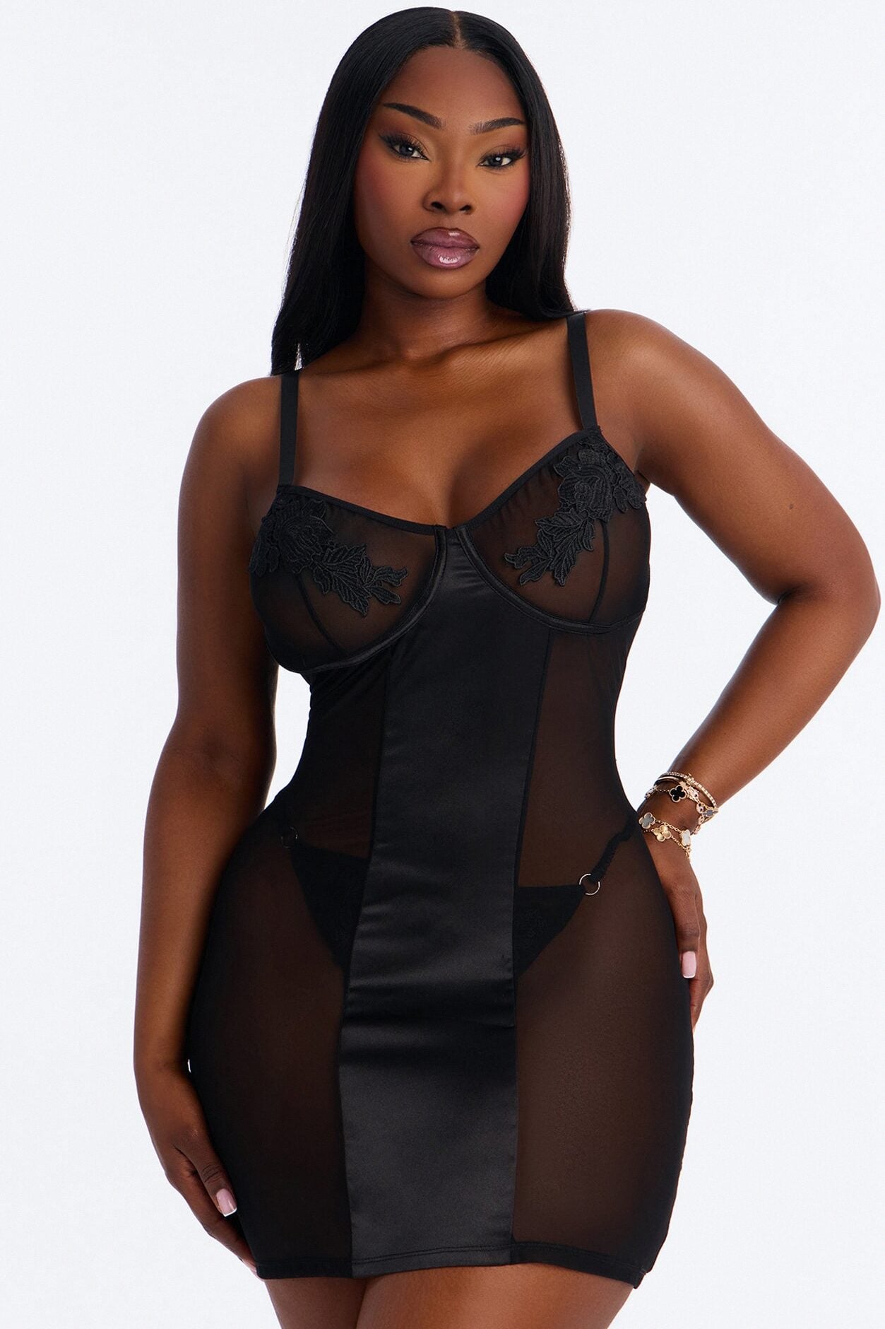 Best Of Luck Satin Mesh Chemise - Black image 1
