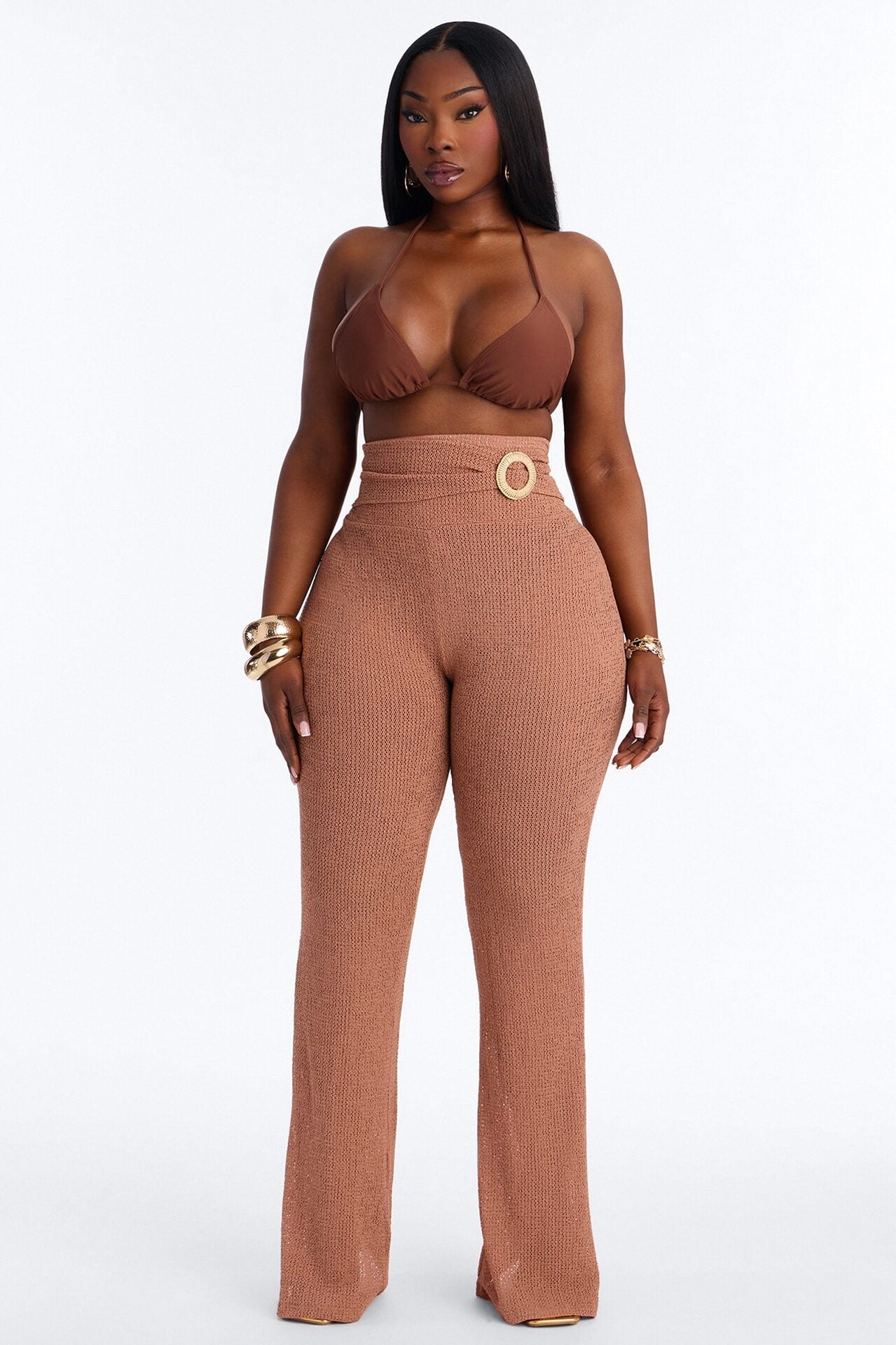 Ocean Breeze Knit Raffia Ring Cover Up Pants - Mocha image 1