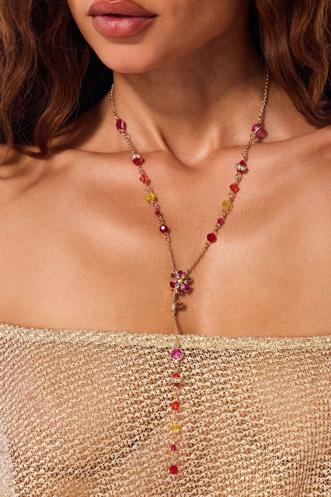 Camellia Glow Lariat Necklace - Gold/Pink image 2