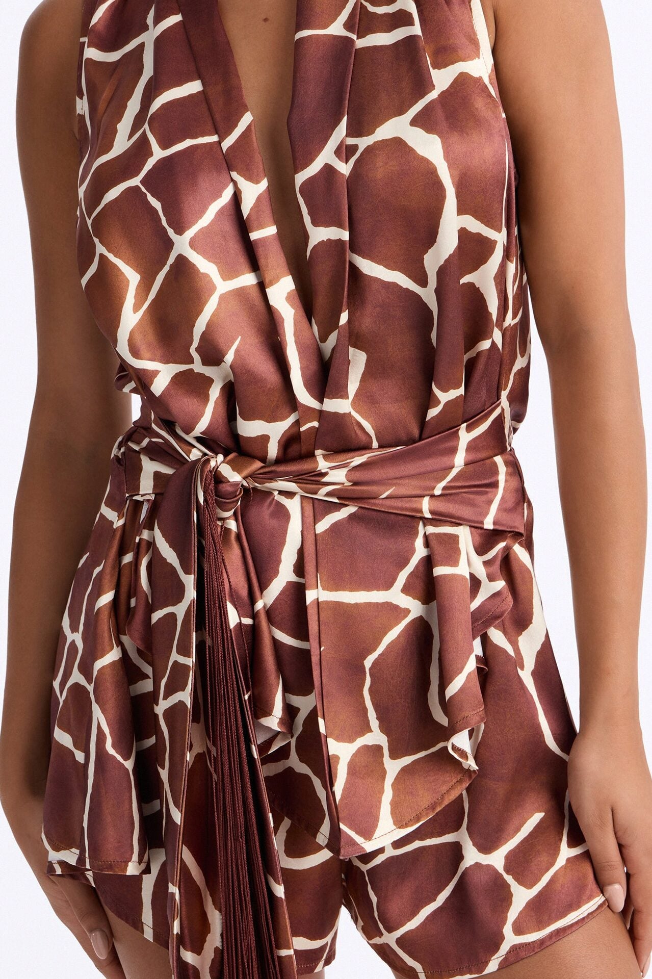 Naya Fringe Trim Plunge Romper - Brown image 3