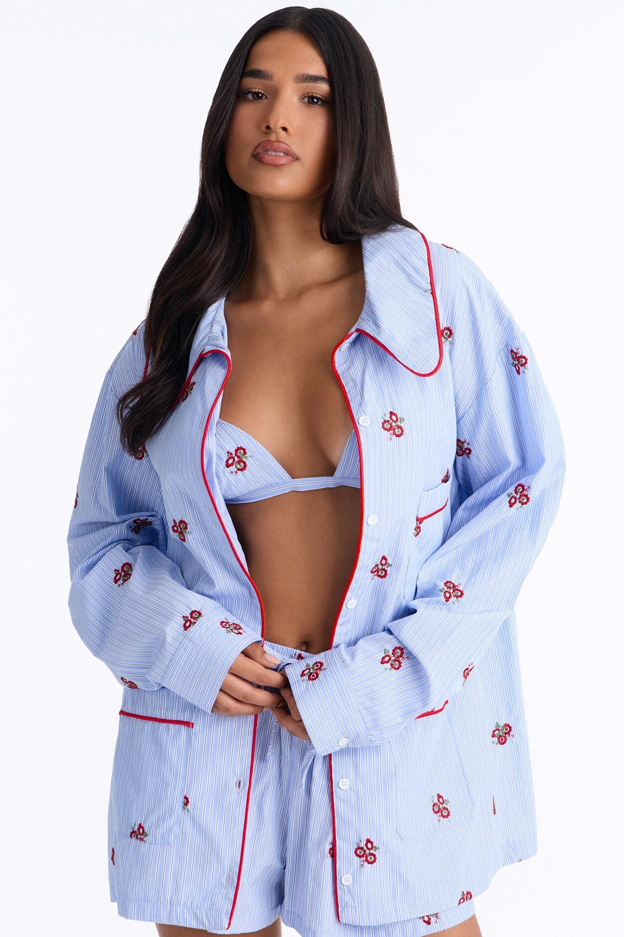 Alana Embroidered Pinstripe 3 Piece Short Set - Blue/combo image 2