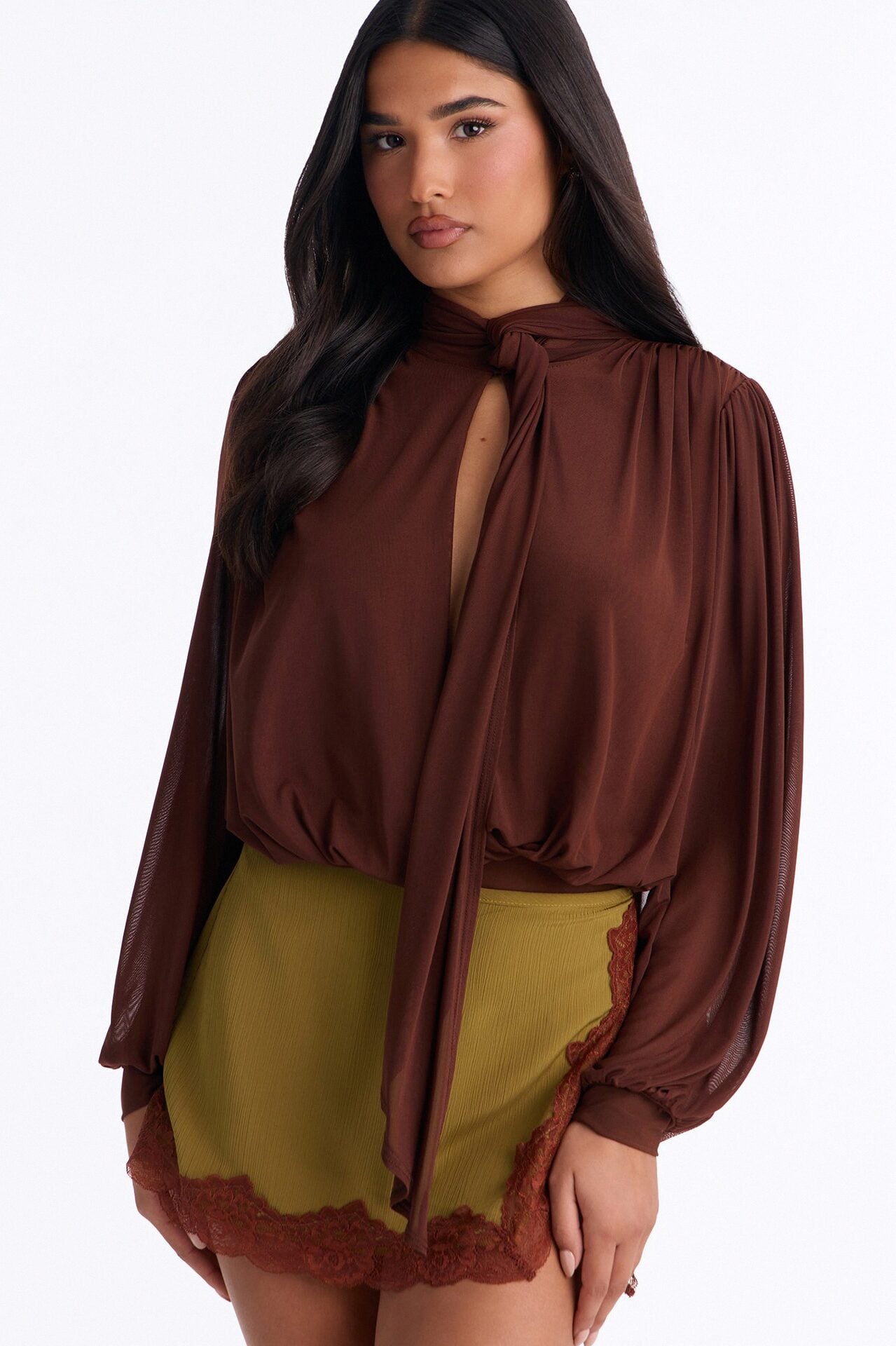 Melinna Mesh Scarf Long Sleeve Bodysuit - Chocolate image 2