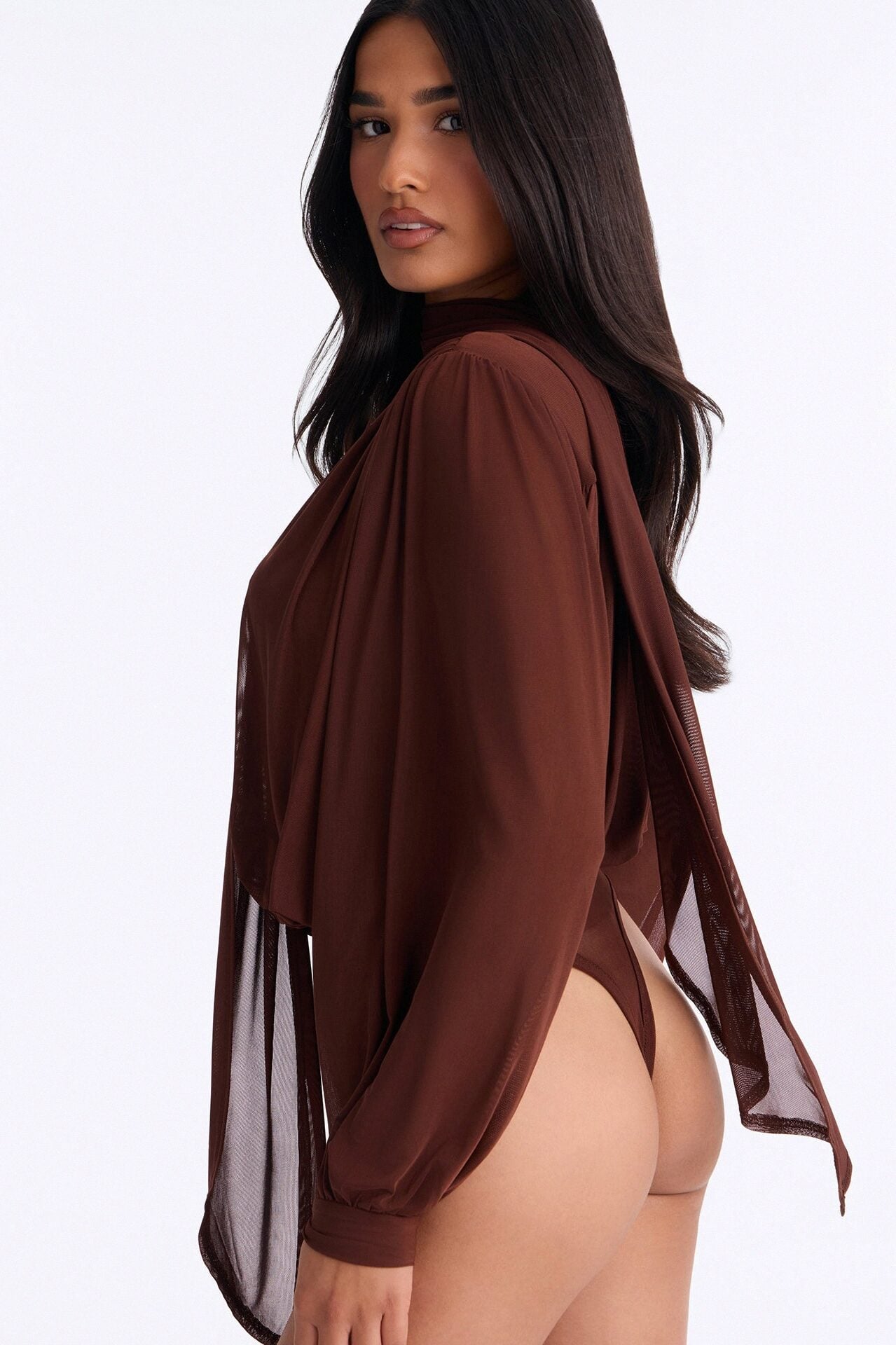 Melinna Mesh Scarf Long Sleeve Bodysuit - Chocolate image 4