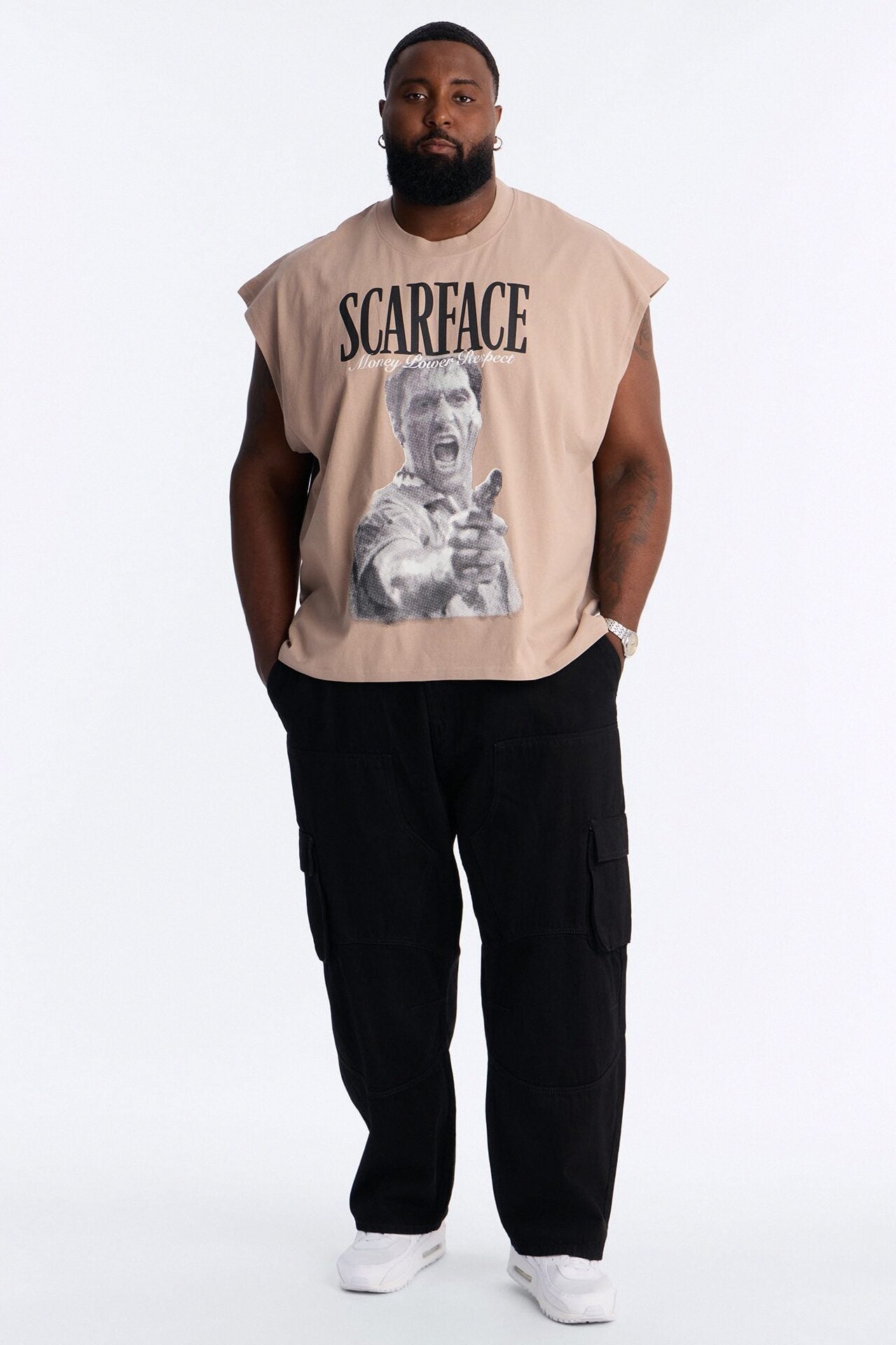 Heavy Weight Scarface Money Power Respect Muscle Tee - Taupe image 1