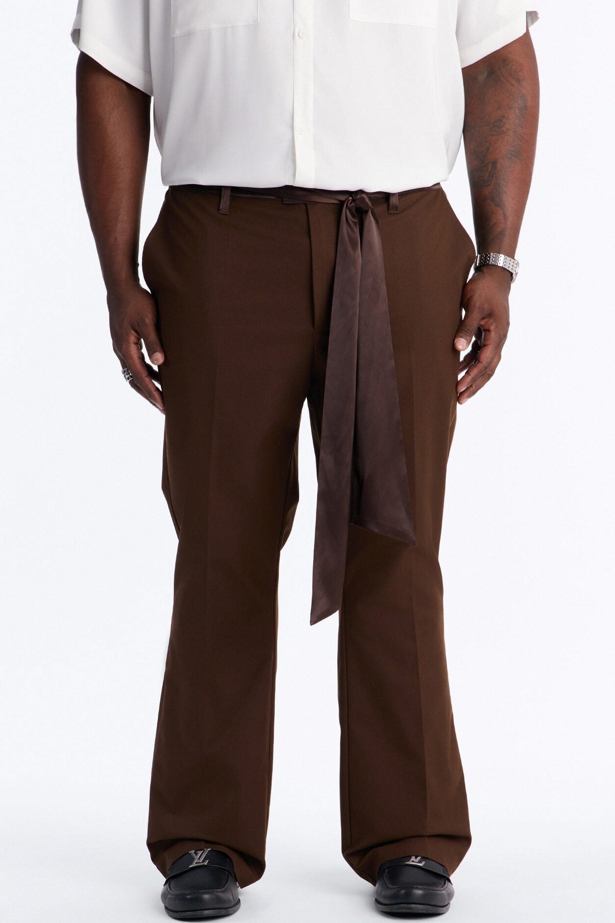 Satin Wrapped Waistband Straight Flare Trouser - Brown image 1