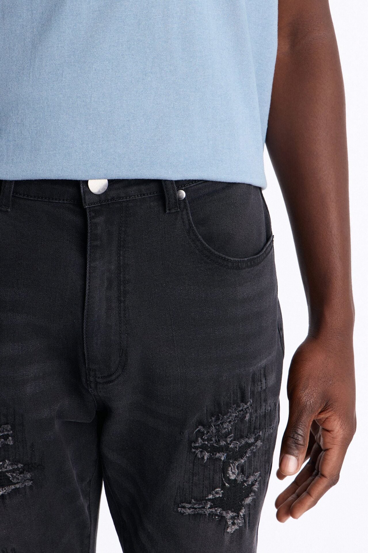 Stacked Skinny Flare Etched Distress Jeans - Black Wash image 3