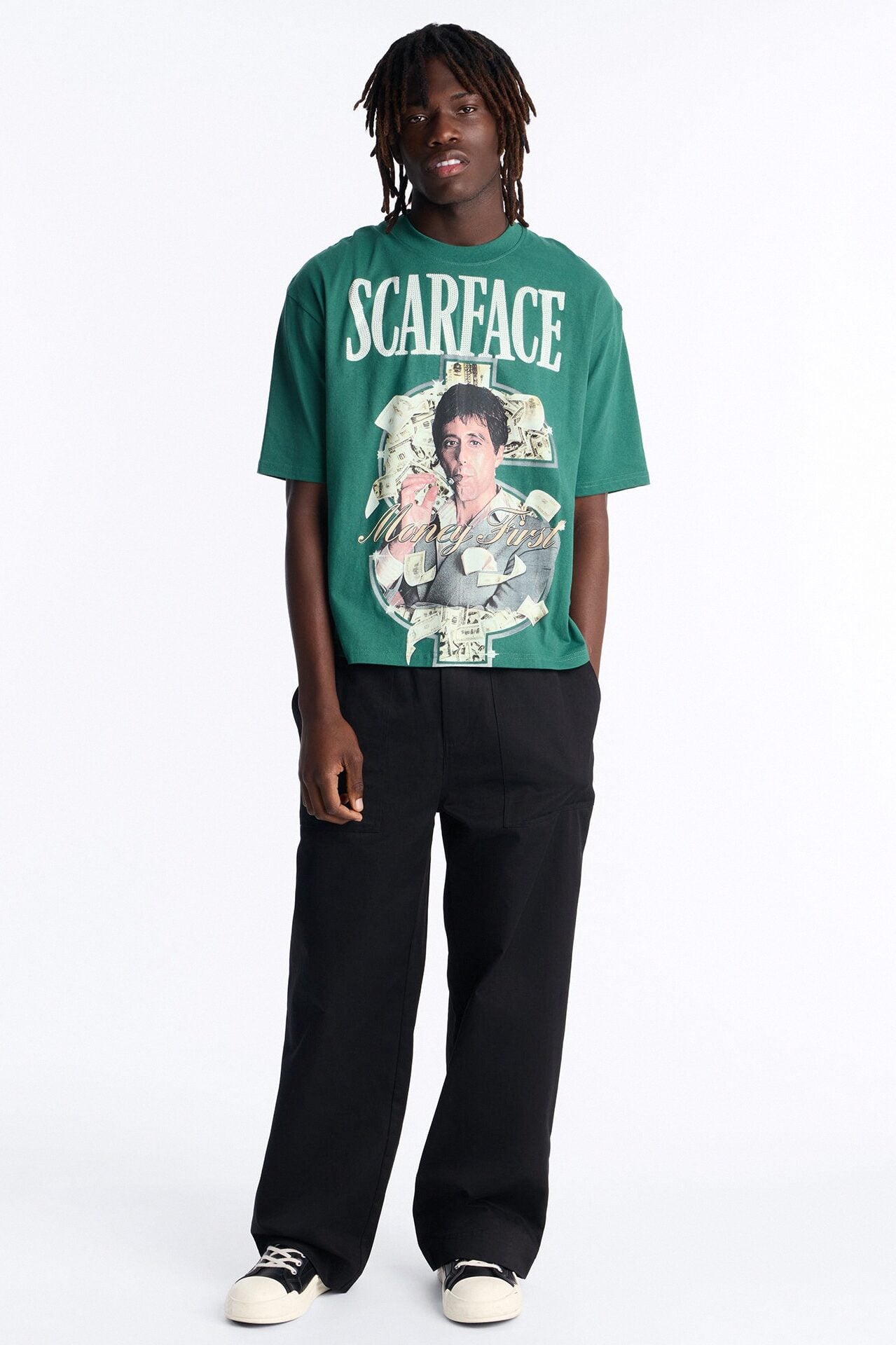 Heavy Weight Scarface Money First Rhinestones Oversized Short Sleeve Tee - Hunter Green image 2