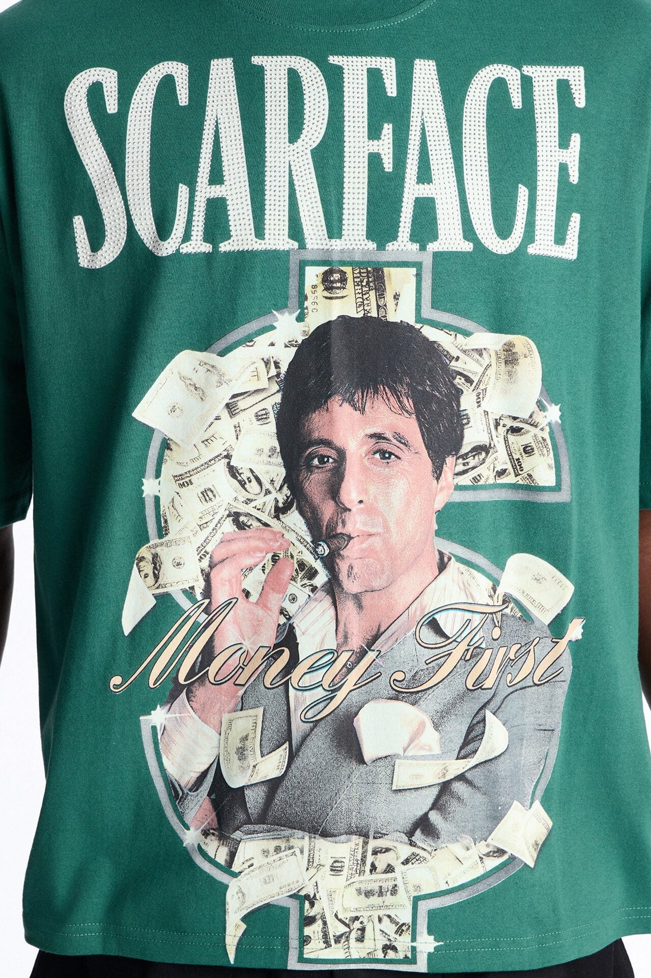 Heavy Weight Scarface Money First Rhinestones Oversized Short Sleeve Tee - Hunter Green image 3