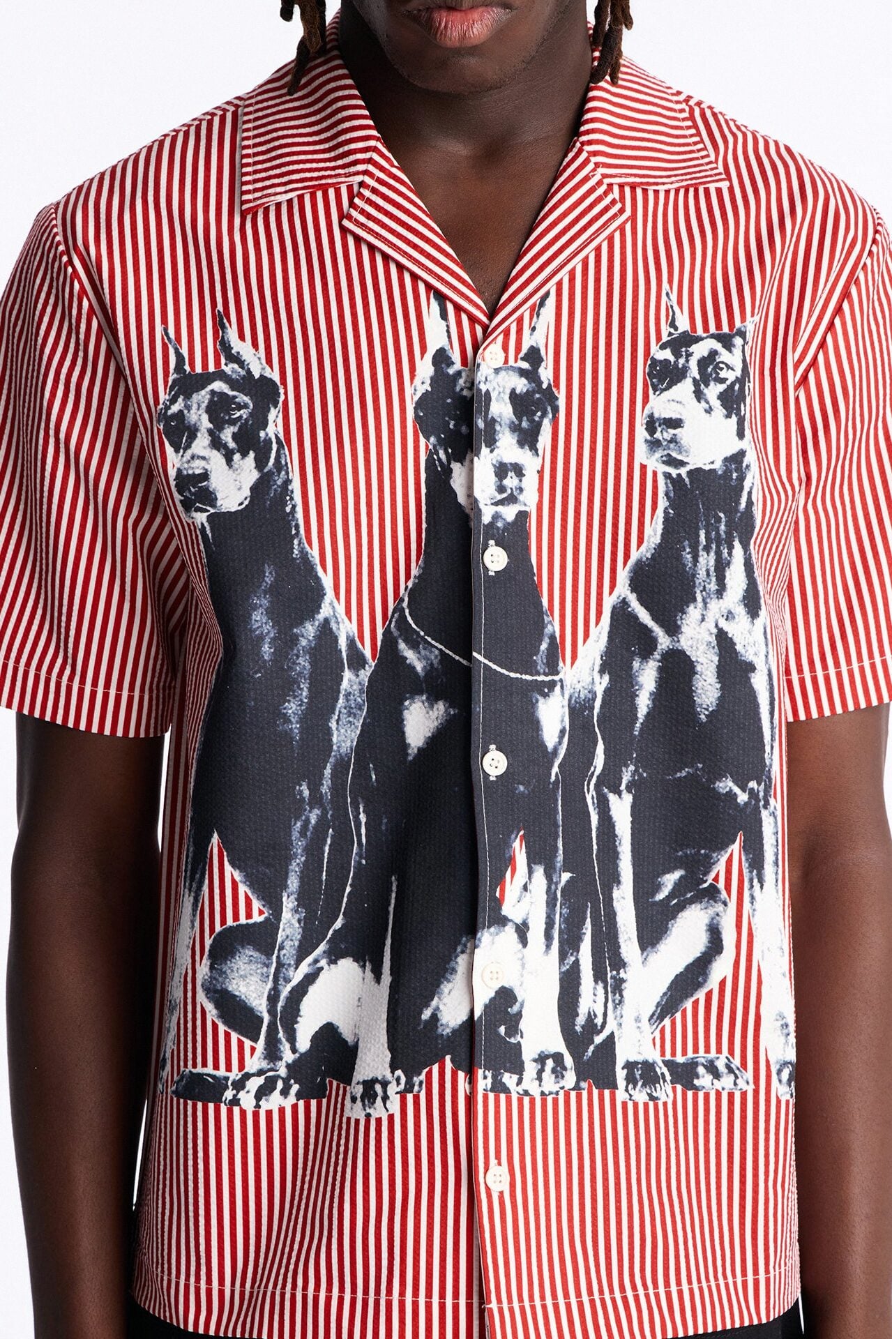 Doberman Seersucker Stripe Cuban Collar Button Up Shirt - Red/combo image 3