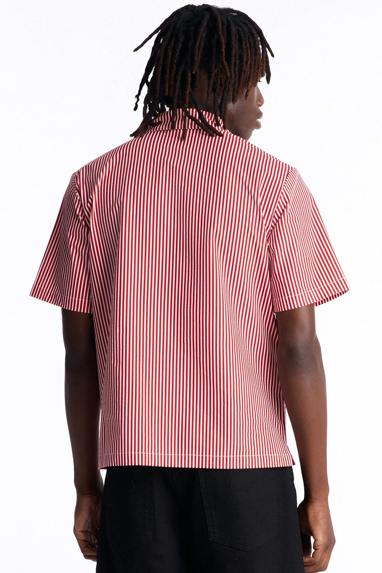 Doberman Seersucker Stripe Cuban Collar Button Up Shirt - Red/combo image 4