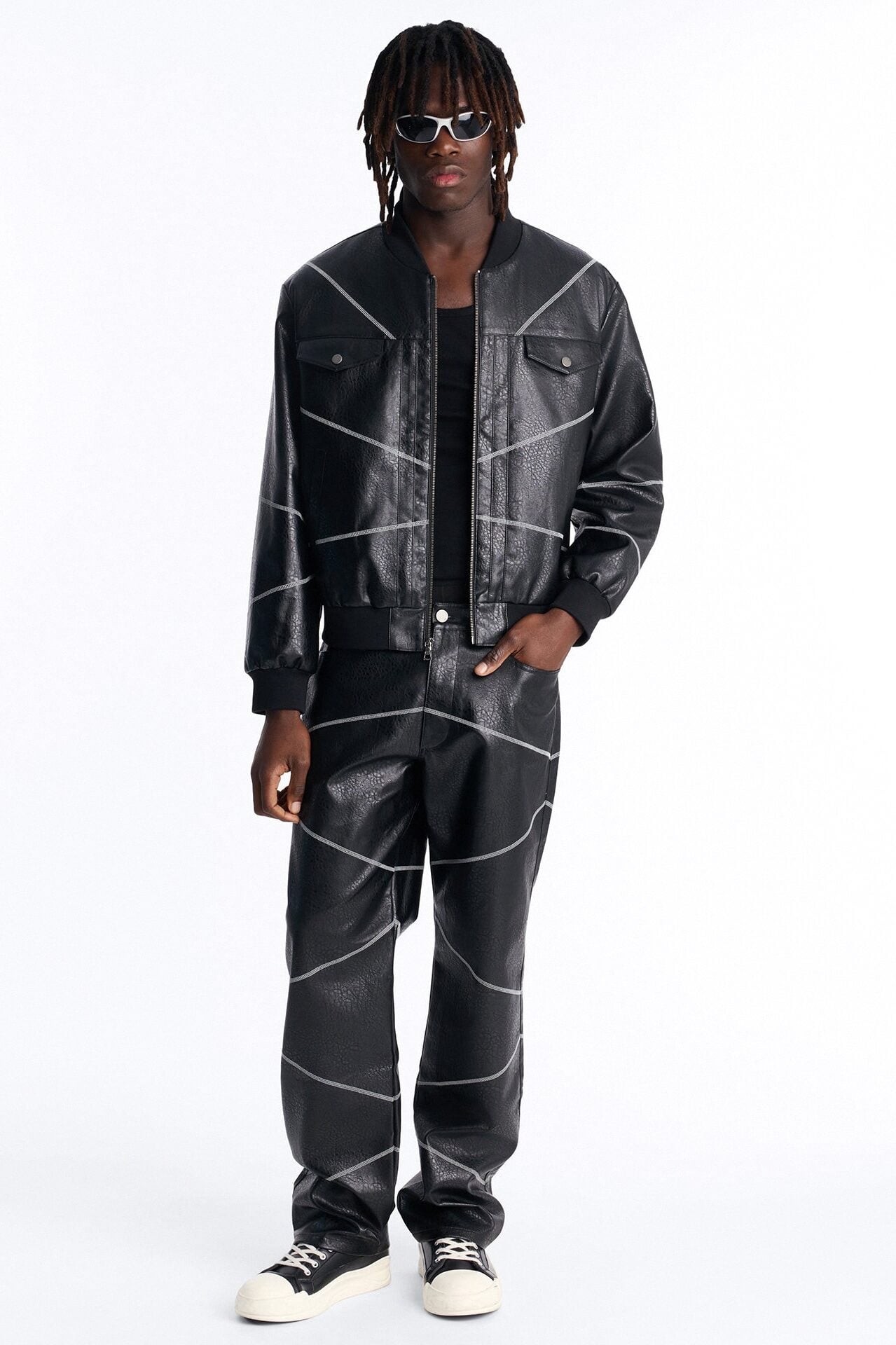 Vintage Chainstitch Faux Leather Bomber Jacket - Black image 2