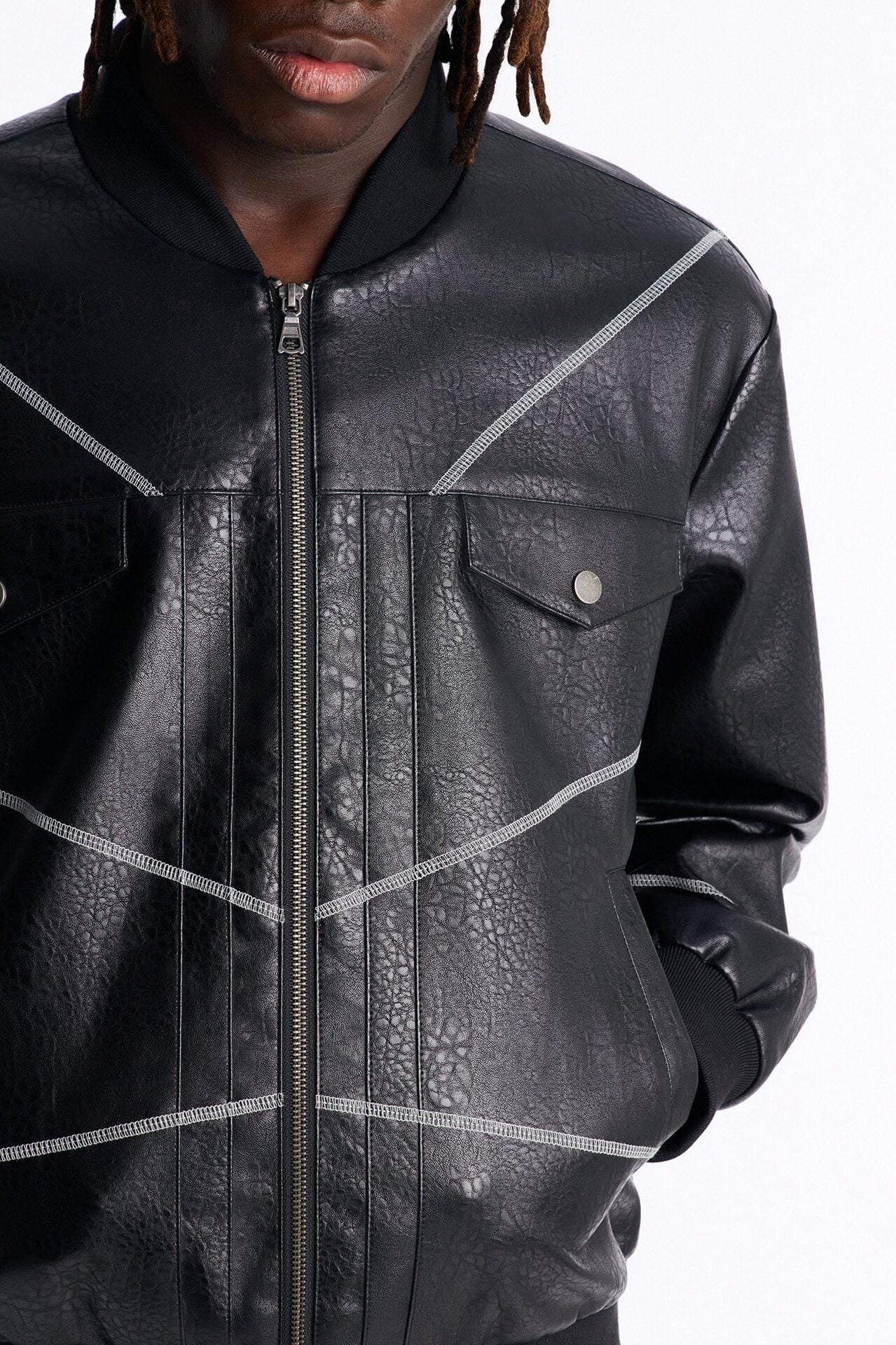 Vintage Chainstitch Faux Leather Bomber Jacket - Black image 3