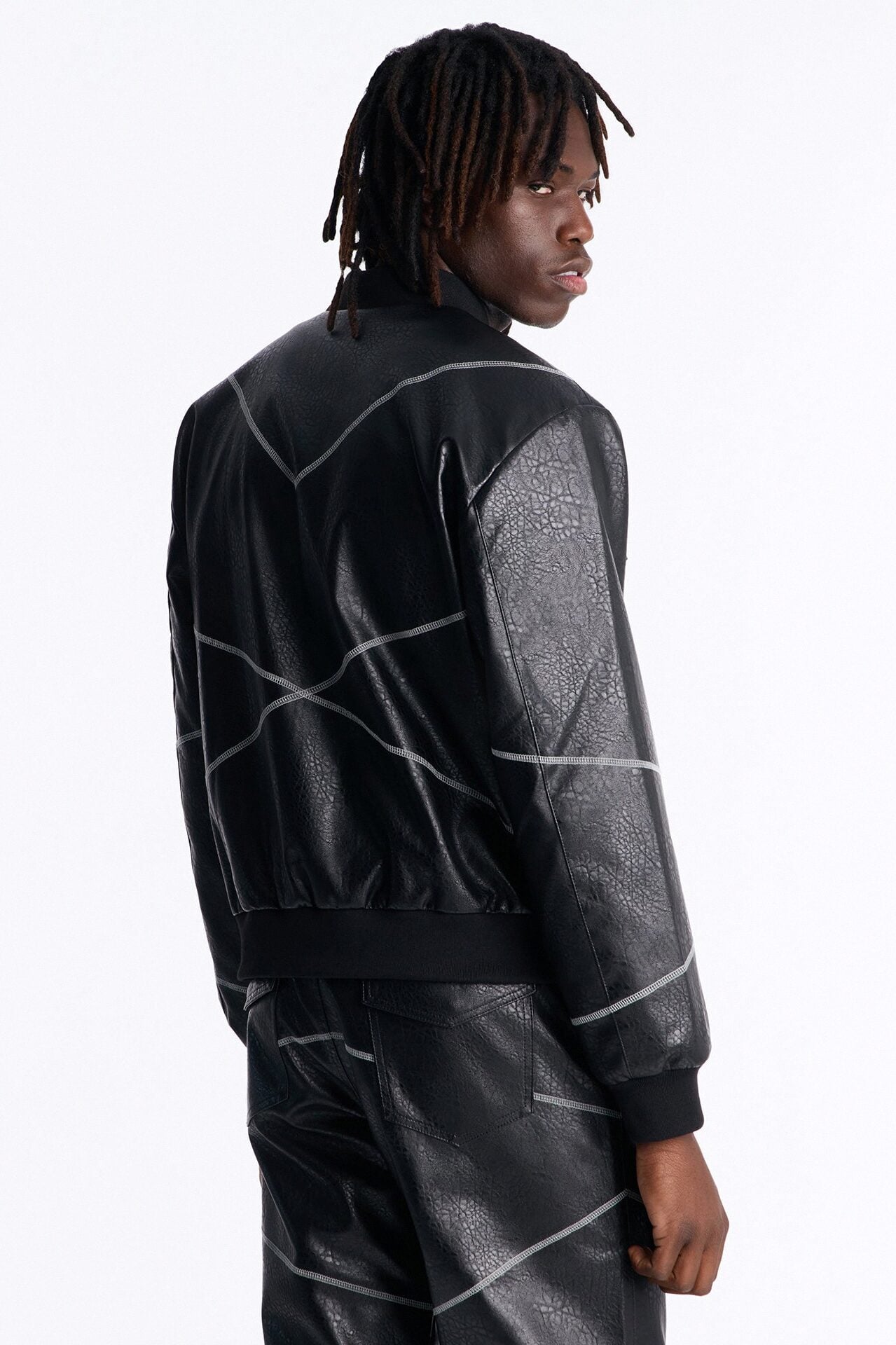 Vintage Chainstitch Faux Leather Bomber Jacket - Black image 4