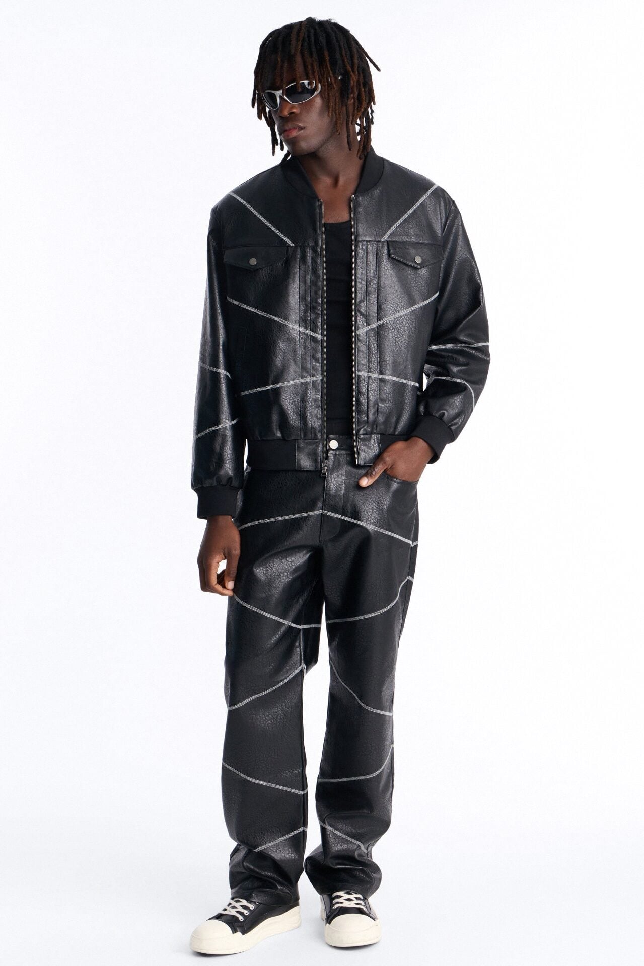 Straight Vintage Chain Stitch Faux Leather Pant - Black image 2